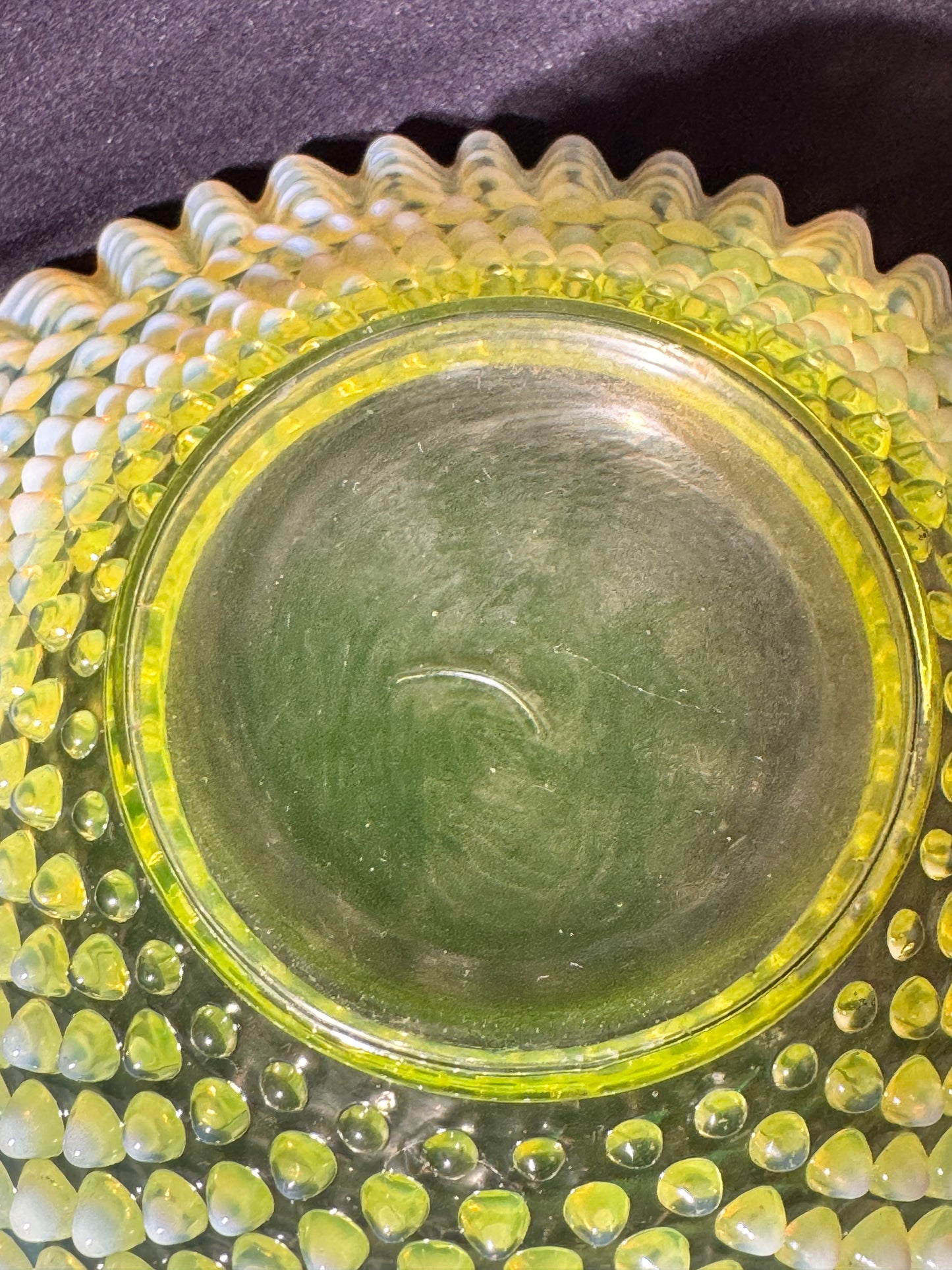 Uranium- Fenton - Hobnail- Crimped Bowl- Topaz Opalescent-measures approximately 9” wide, 3 1/2” tall