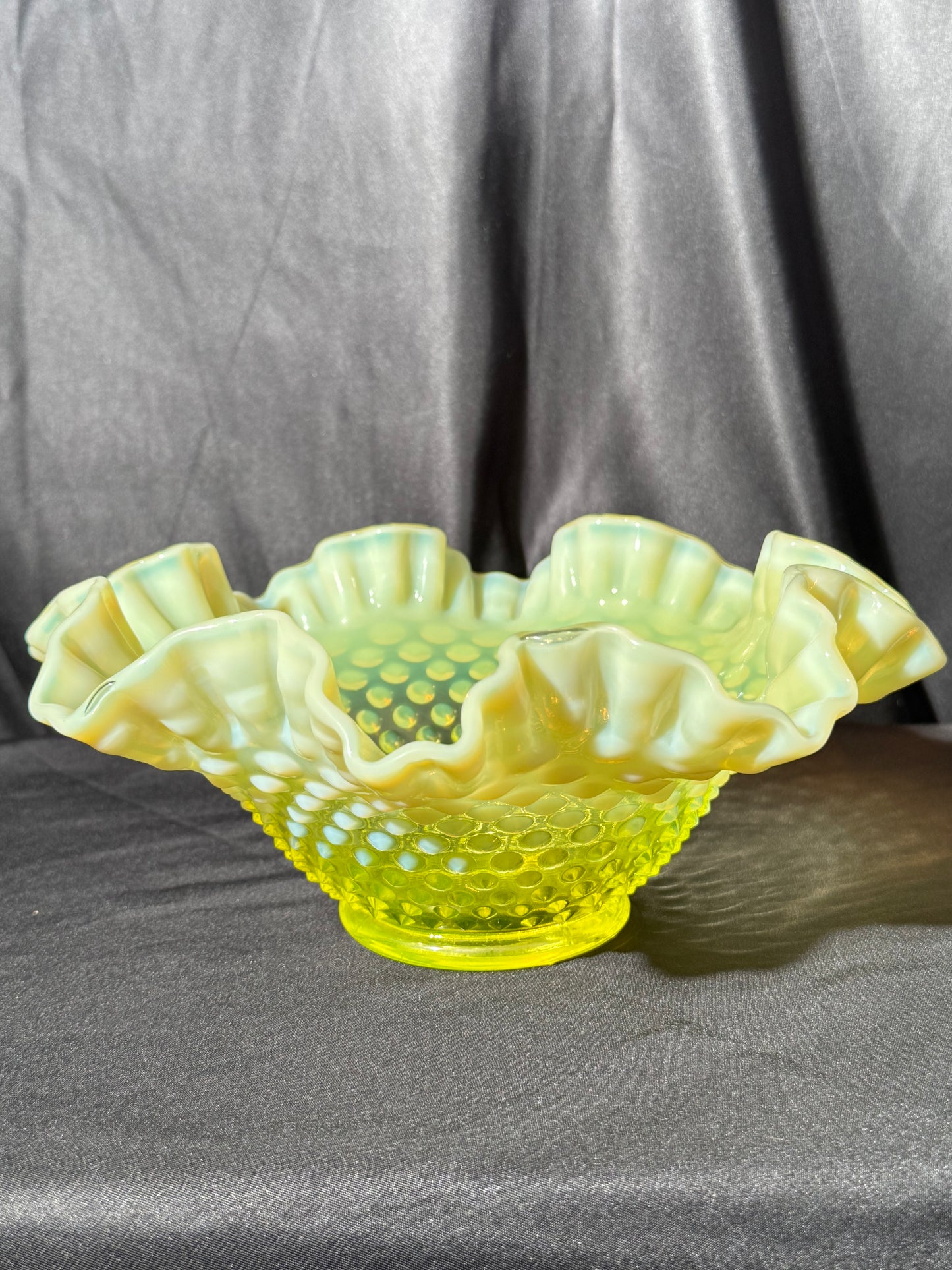 Uranium- Fenton - Hobnail- Ruffled Bowl- Topaz Opalescent-measures approximately 10” wide, 4 1/2” tall