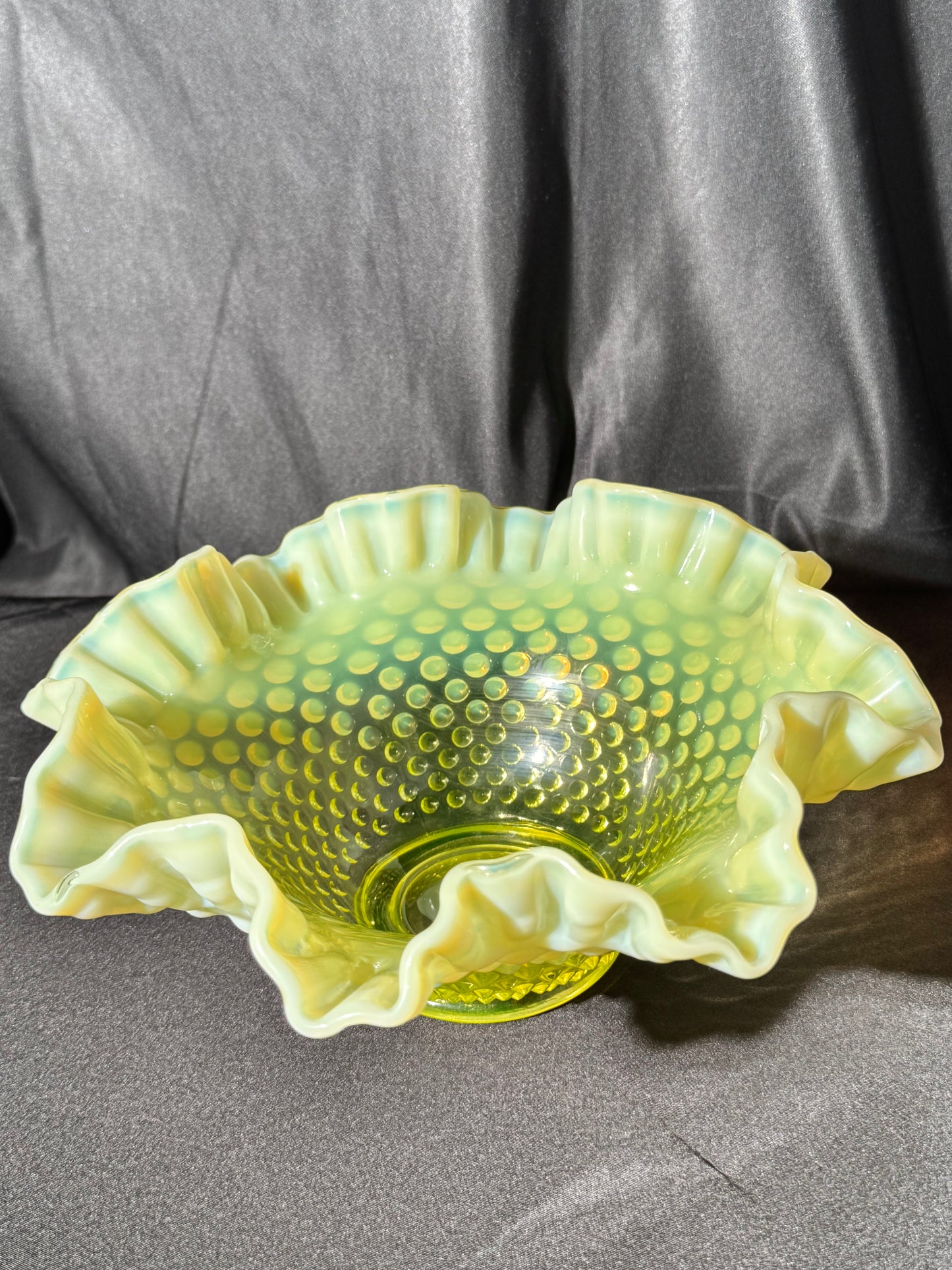 Uranium- Fenton - Hobnail- Ruffled Bowl- Topaz Opalescent-measures approximately 10” wide, 4 1/2” tall