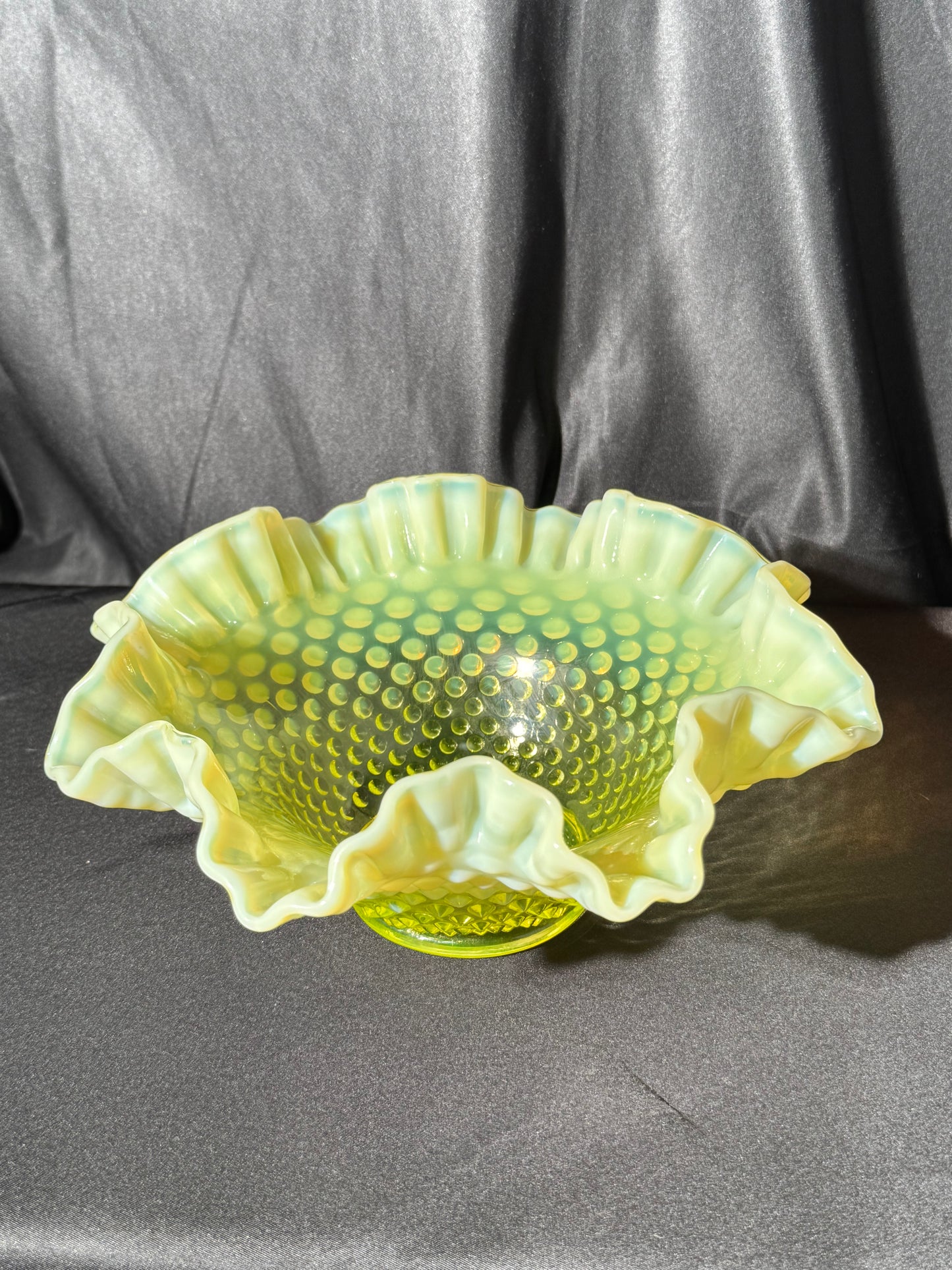 Uranium- Fenton - Hobnail- Ruffled Bowl- Topaz Opalescent-measures approximately 10” wide, 4 1/2” tall