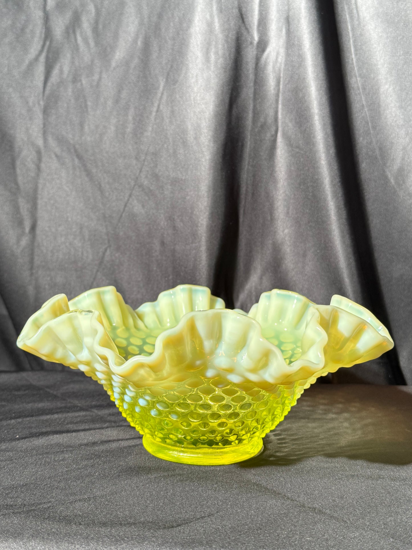 Uranium- Fenton - Hobnail- Ruffled Bowl- Topaz Opalescent-measures approximately 10” wide, 4 1/2” tall