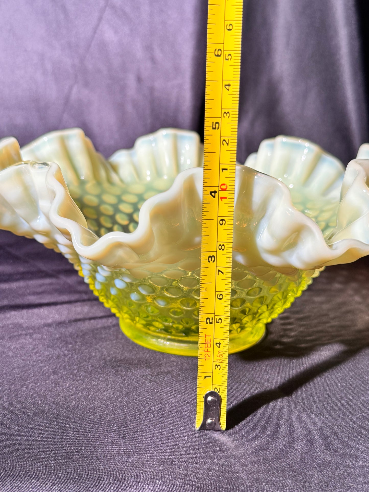 Uranium- Fenton - Hobnail- Ruffled Bowl- Topaz Opalescent-measures approximately 10” wide, 4 1/2” tall