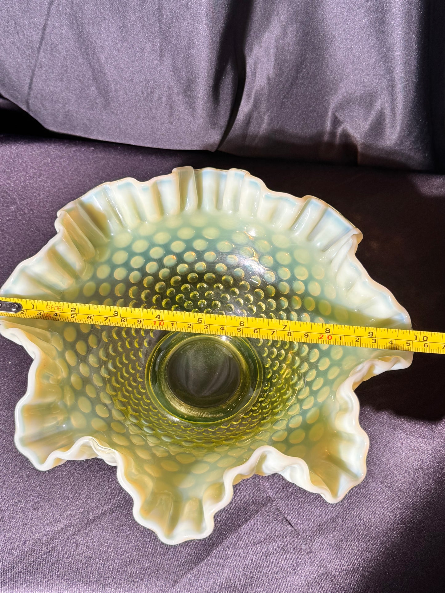 Uranium- Fenton - Hobnail- Ruffled Bowl- Topaz Opalescent-measures approximately 10” wide, 4 1/2” tall