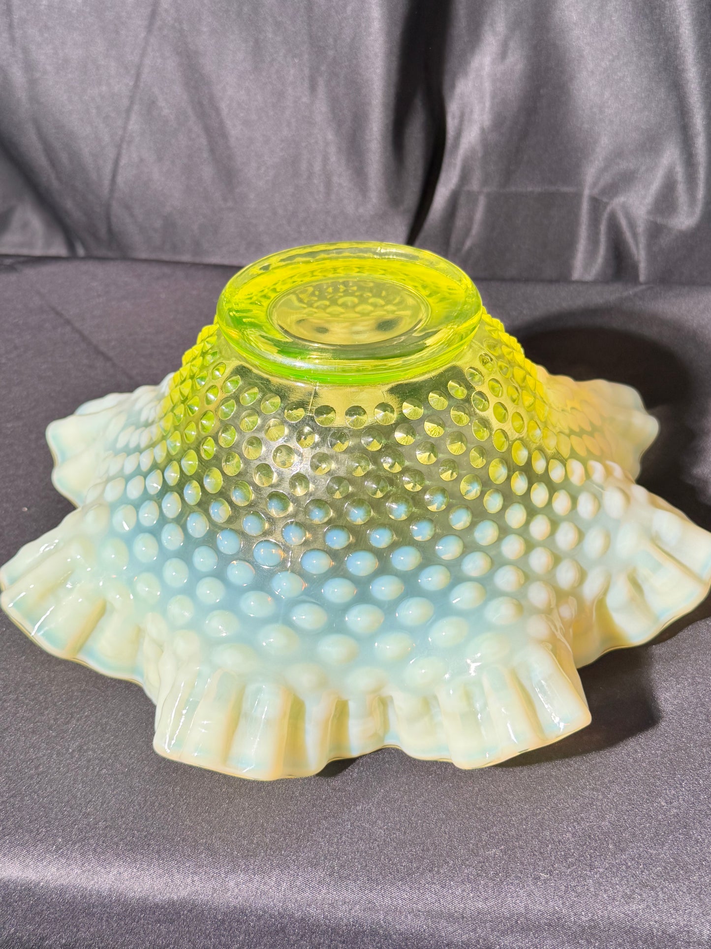 Uranium- Fenton - Hobnail- Ruffled Bowl- Topaz Opalescent-measures approximately 10” wide, 4 1/2” tall
