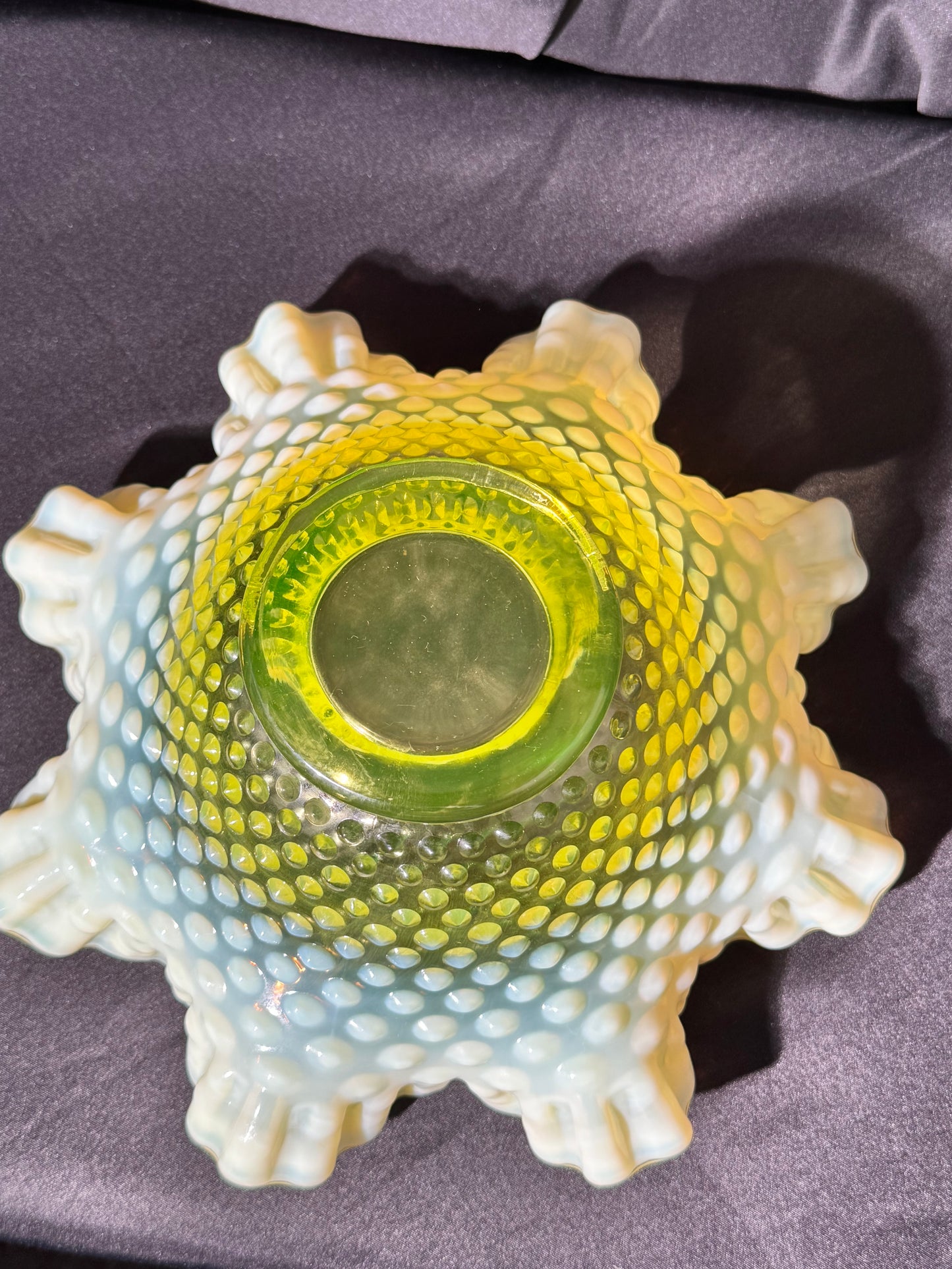 Uranium- Fenton - Hobnail- Ruffled Bowl- Topaz Opalescent-measures approximately 10” wide, 4 1/2” tall
