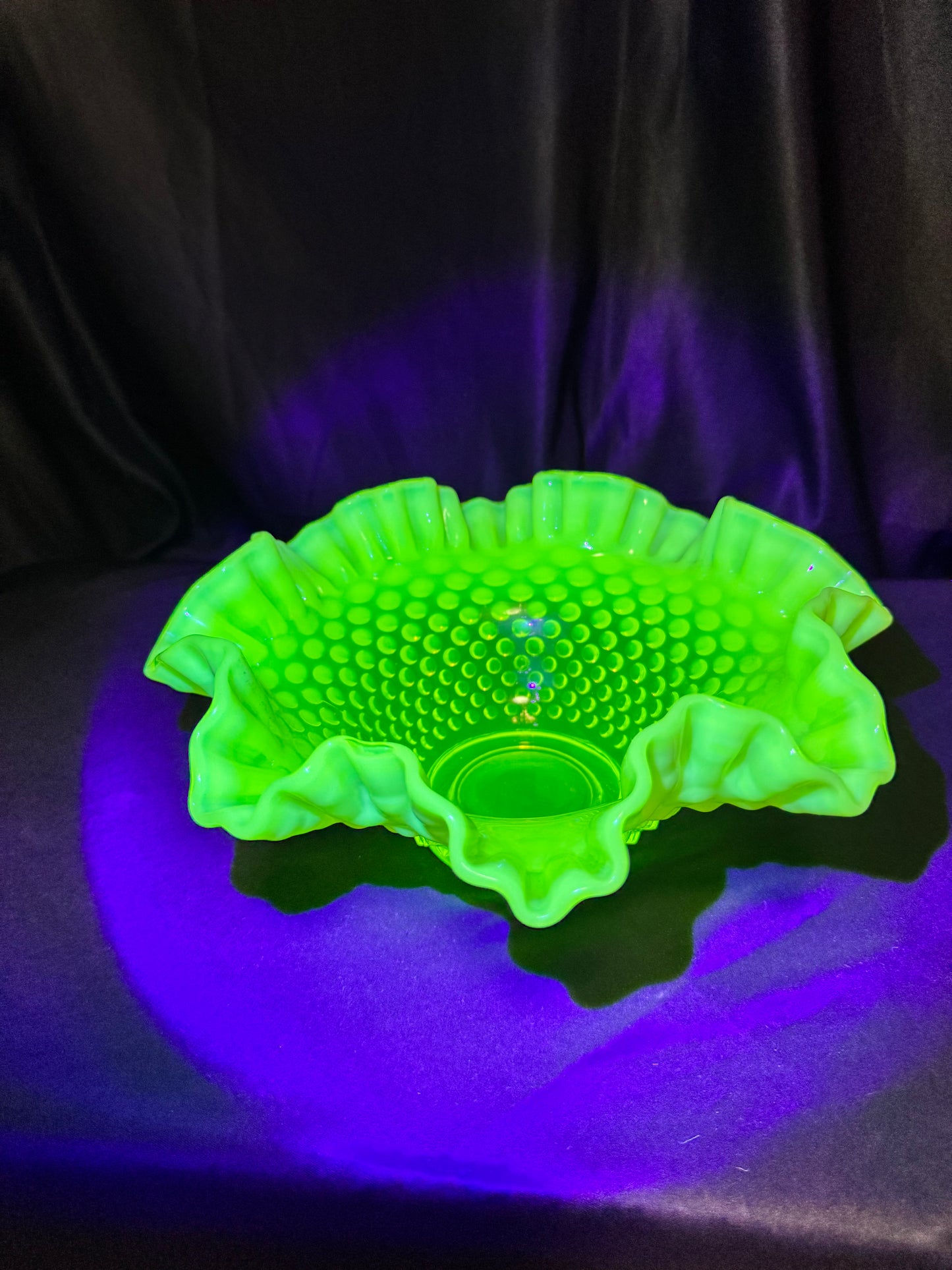 Uranium- Fenton - Hobnail- Ruffled Bowl- Topaz Opalescent-measures approximately 10” wide, 4 1/2” tall