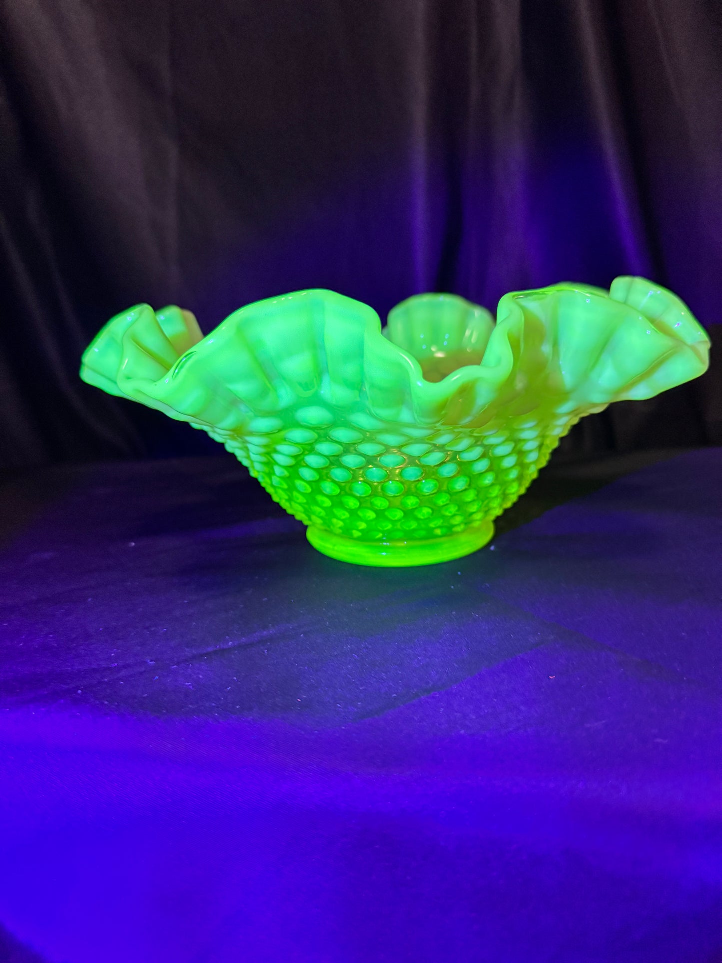 Uranium- Fenton - Hobnail- Ruffled Bowl- Topaz Opalescent-measures approximately 10” wide, 4 1/2” tall