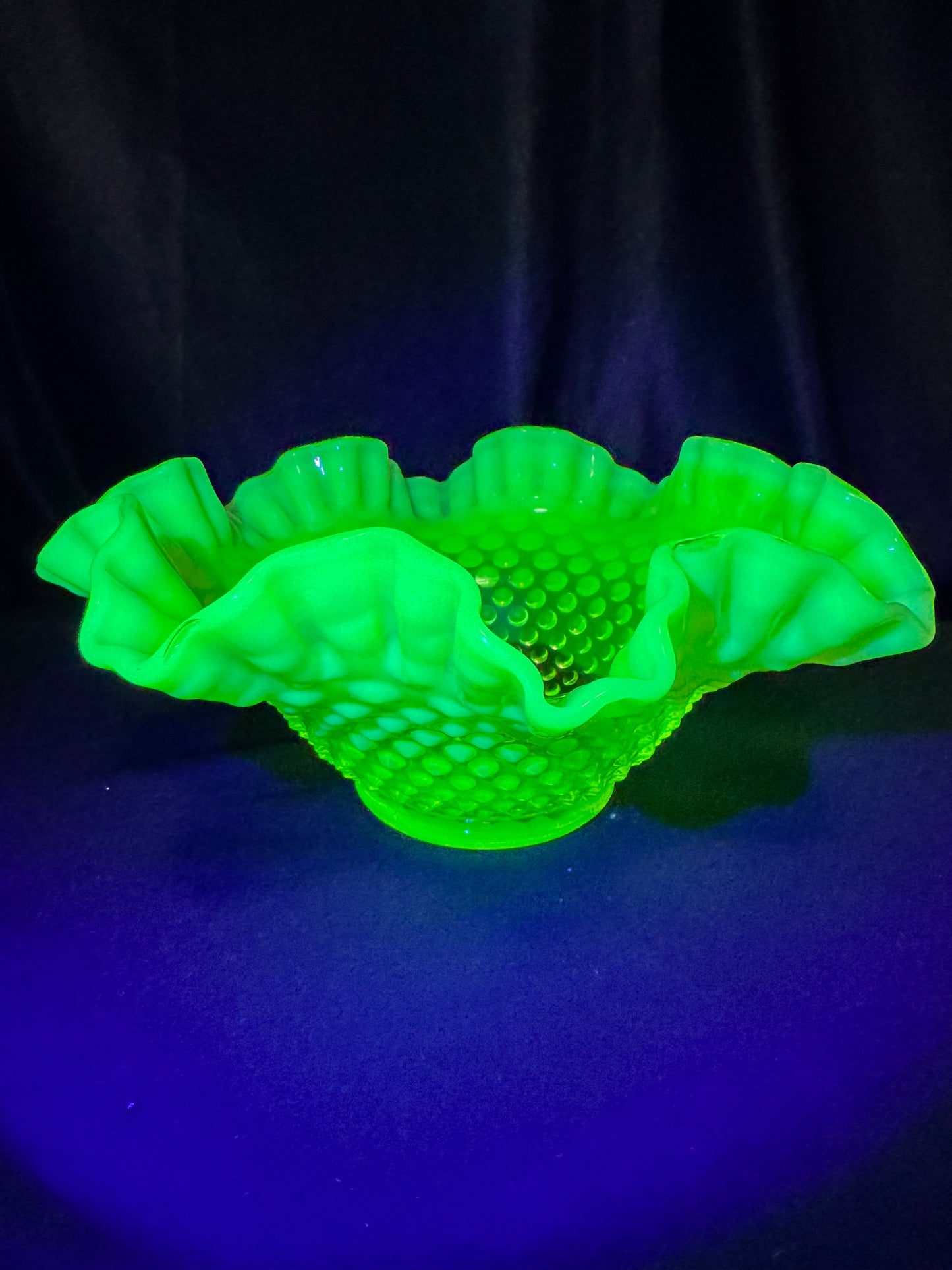 Uranium- Fenton - Hobnail- Ruffled Bowl- Topaz Opalescent-measures approximately 10” wide, 4 1/2” tall