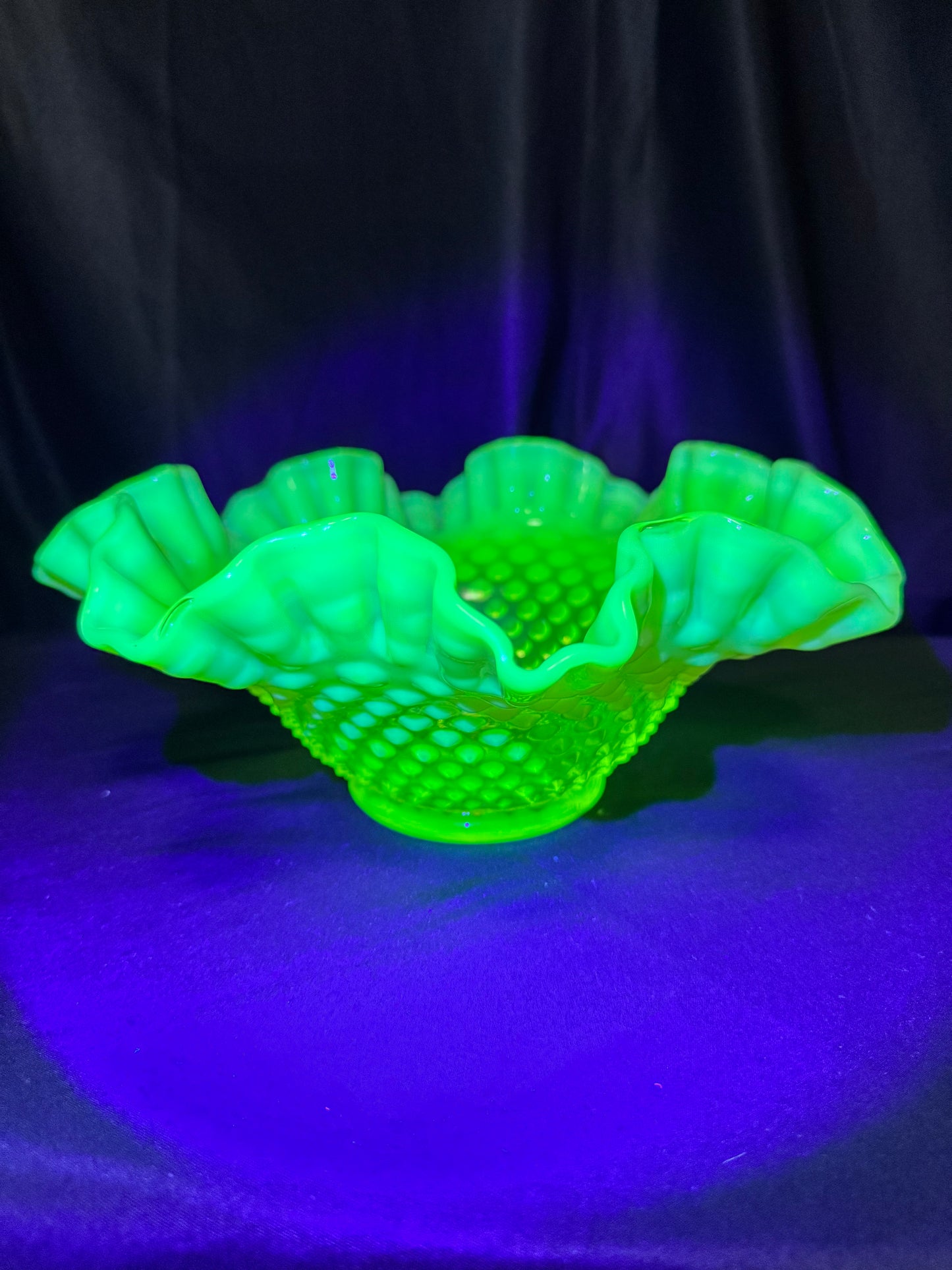 Uranium- Fenton - Hobnail- Ruffled Bowl- Topaz Opalescent-measures approximately 10” wide, 4 1/2” tall