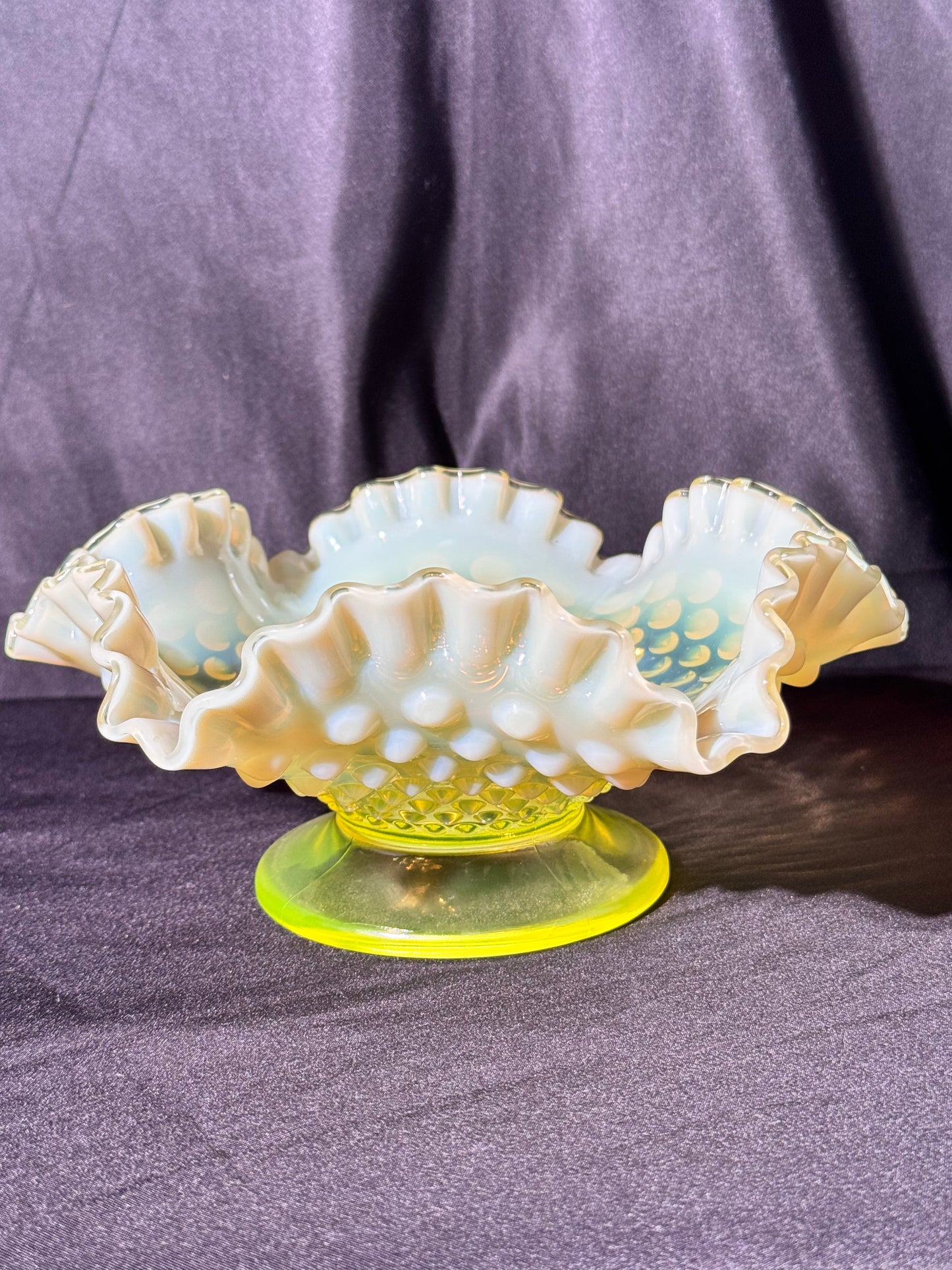 Uranium- Fenton- hobnail- 8” Ruffled bowl - Topaz Opalescent