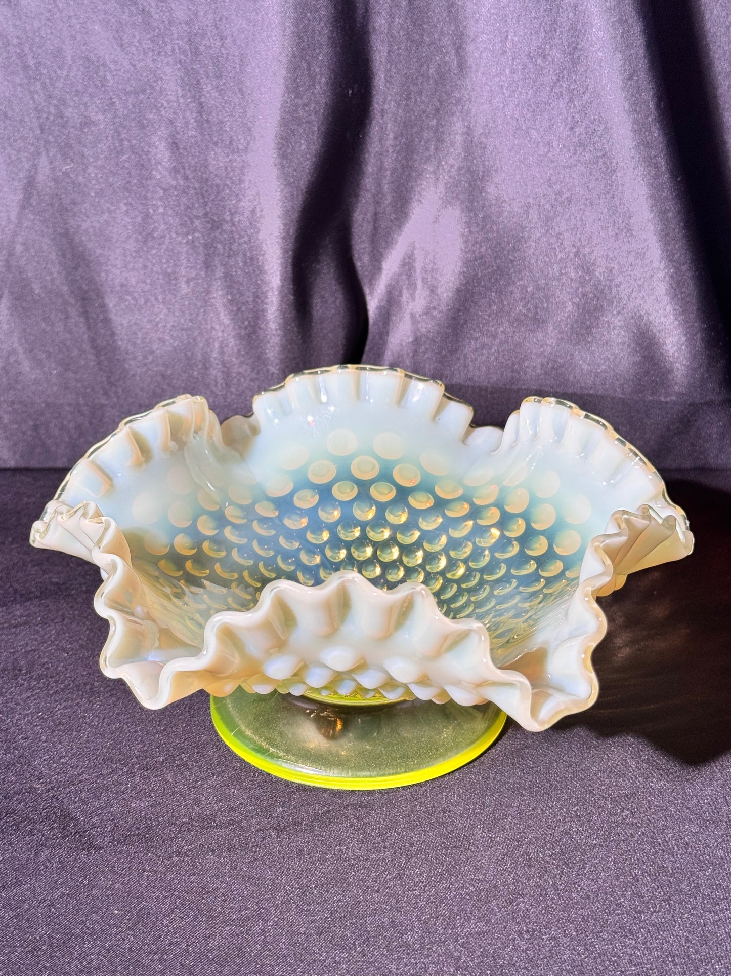 Uranium- Fenton- hobnail- 8” Ruffled bowl - Topaz Opalescent