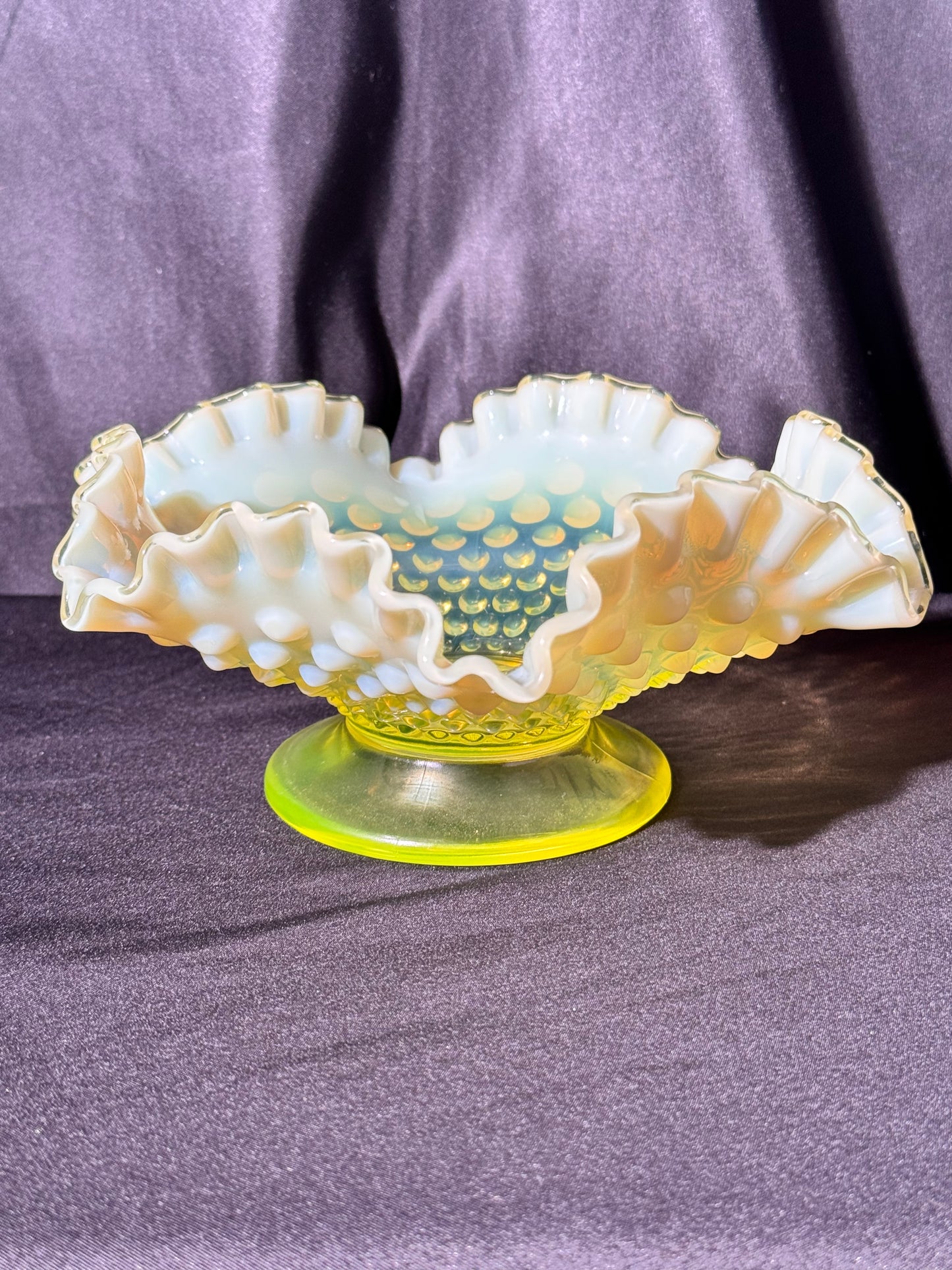 Uranium- Fenton- hobnail- 8” Ruffled bowl - Topaz Opalescent