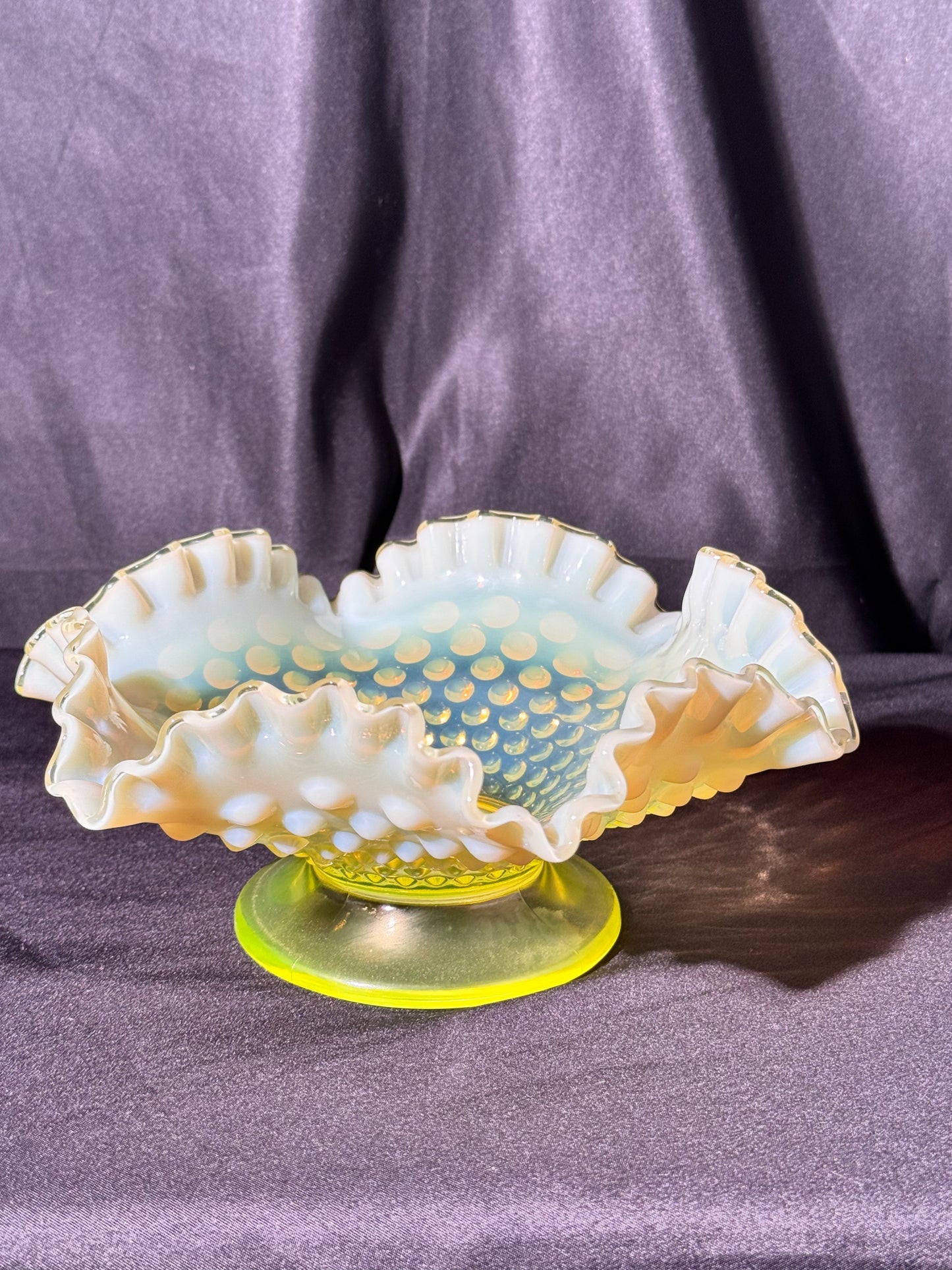 Uranium- Fenton- hobnail- 8” Ruffled bowl - Topaz Opalescent