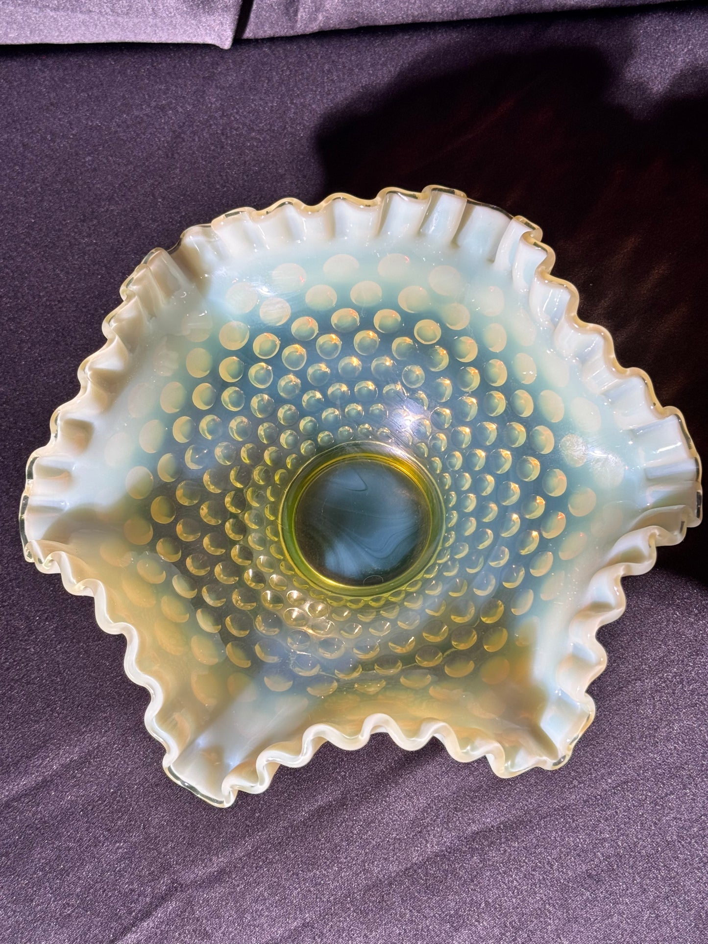 Uranium- Fenton- hobnail- 8” Ruffled bowl - Topaz Opalescent