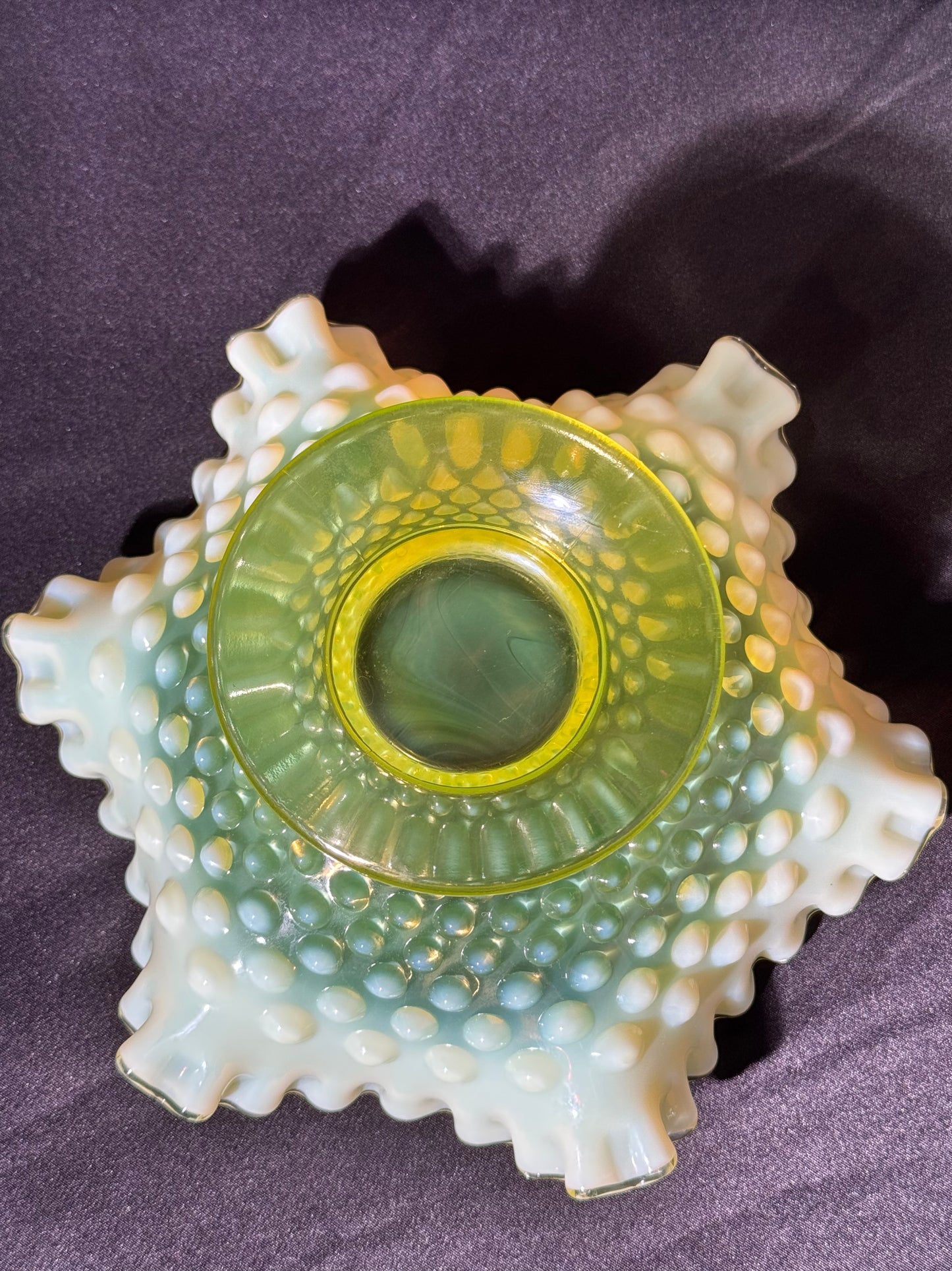 Uranium- Fenton- hobnail- 8” Ruffled bowl - Topaz Opalescent