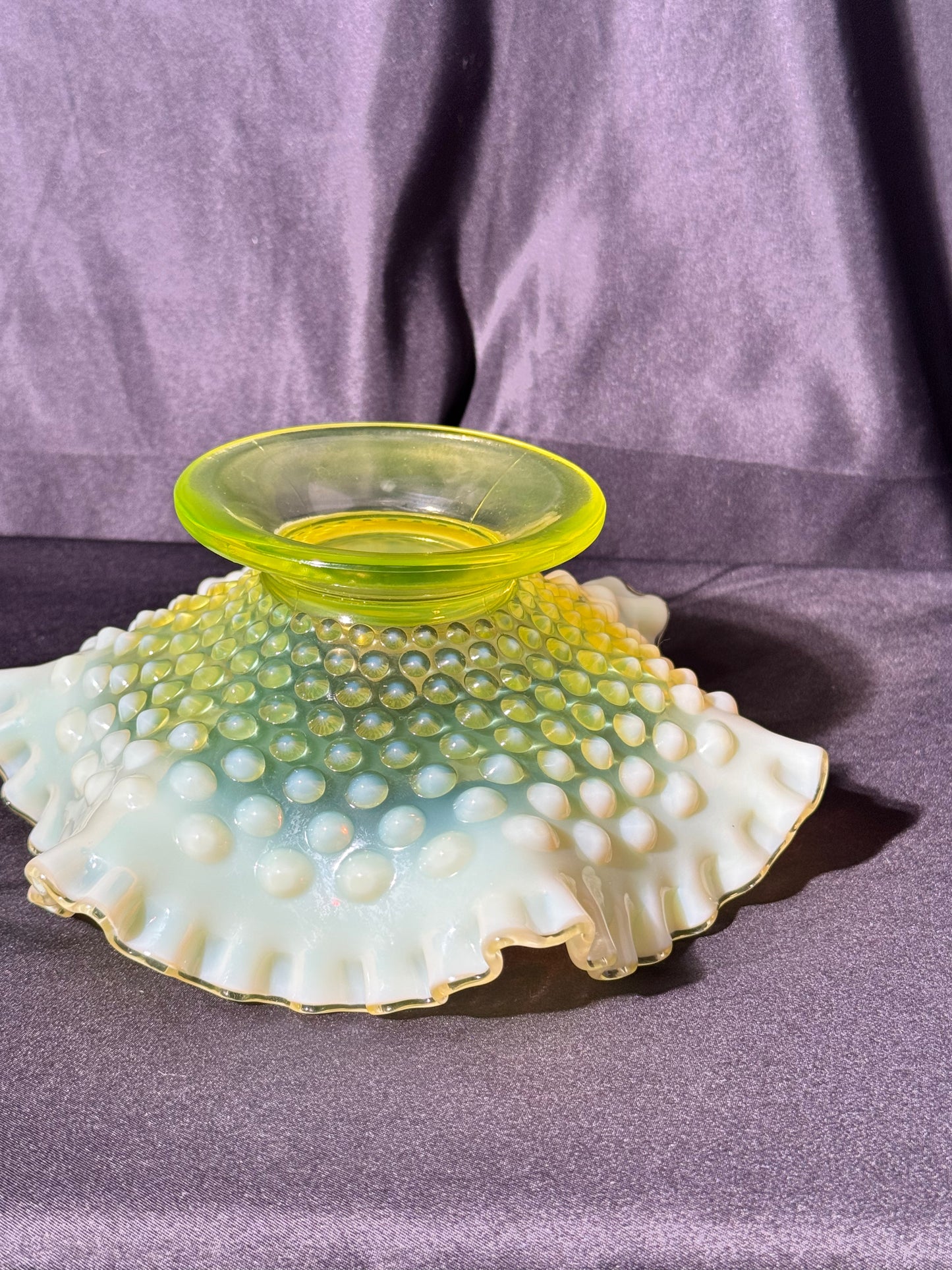 Uranium- Fenton- hobnail- 8” Ruffled bowl - Topaz Opalescent