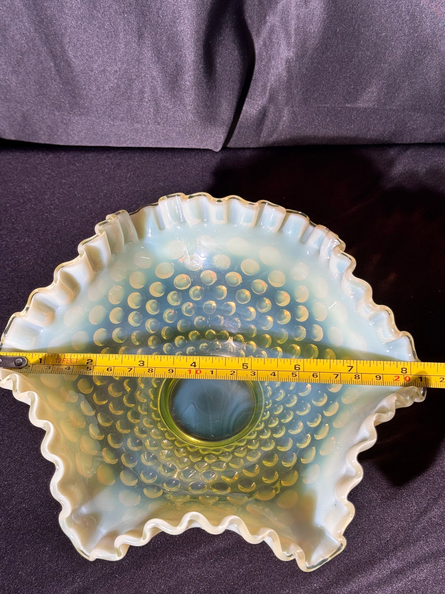 Uranium- Fenton- hobnail- 8” Ruffled bowl - Topaz Opalescent