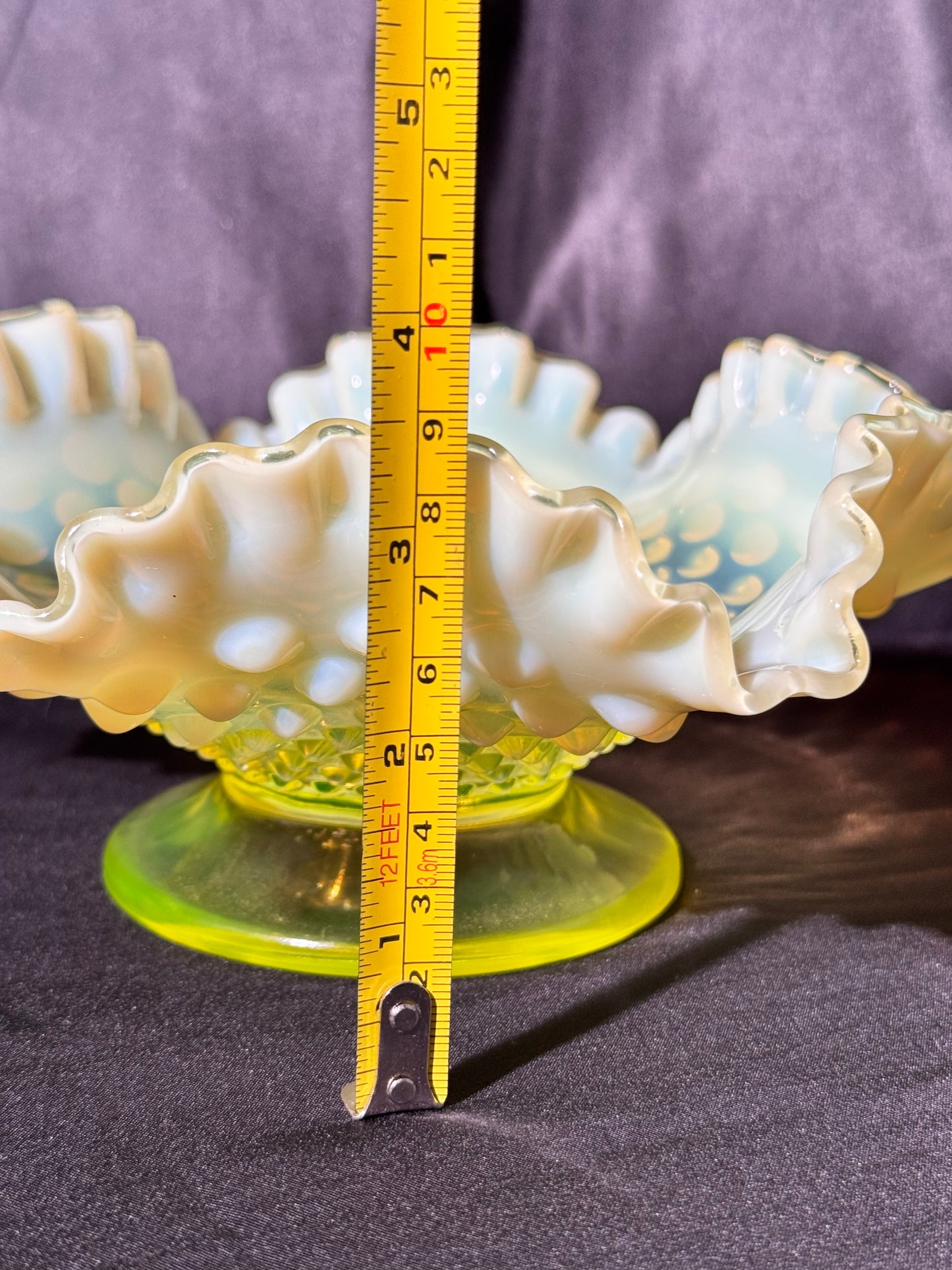 Uranium- Fenton- hobnail- 8” Ruffled bowl - Topaz Opalescent