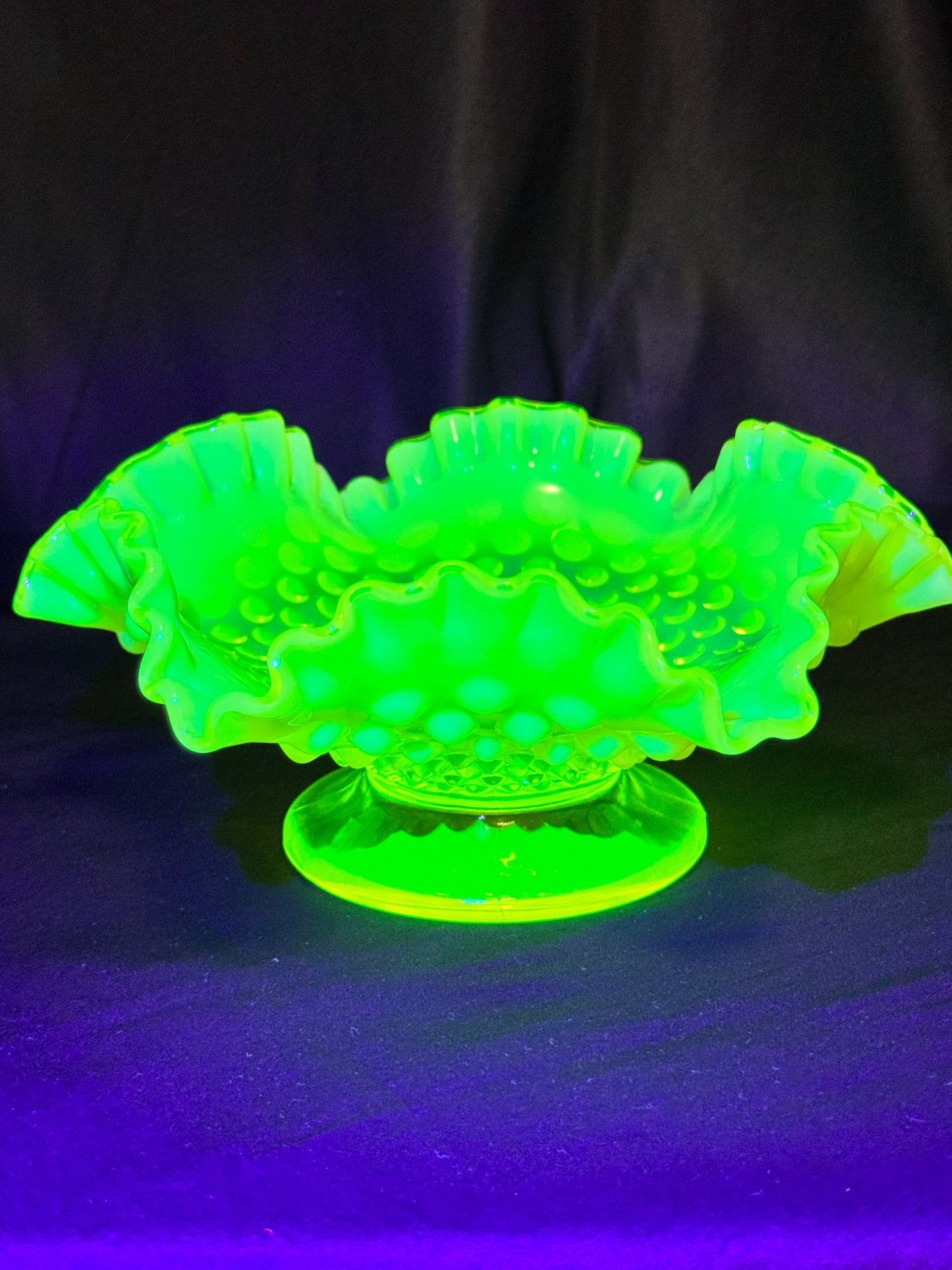 Uranium- Fenton- hobnail- 8” Ruffled bowl - Topaz Opalescent