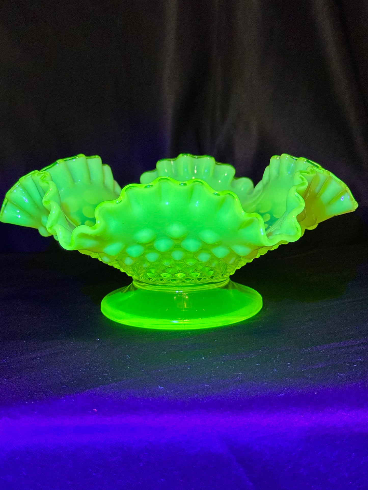 Uranium- Fenton- hobnail- 8” Ruffled bowl - Topaz Opalescent