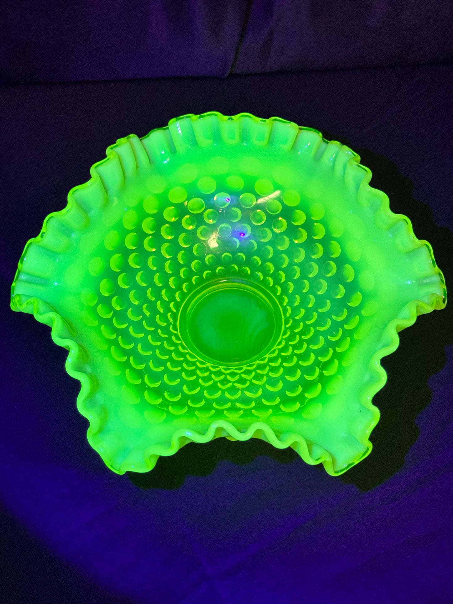 Uranium- Fenton- hobnail- 8” Ruffled bowl - Topaz Opalescent