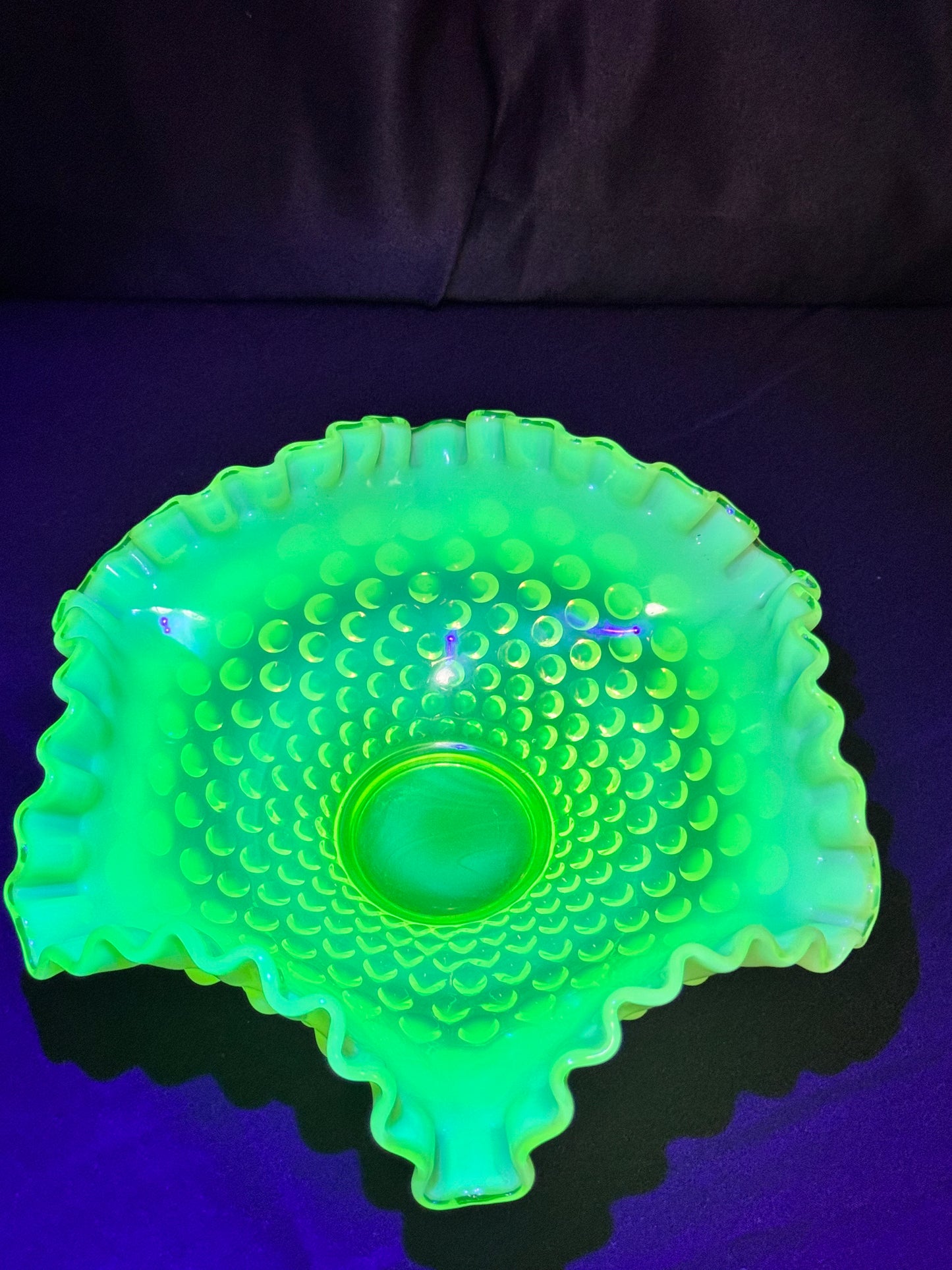 Uranium- Fenton- hobnail- 8” Ruffled bowl - Topaz Opalescent