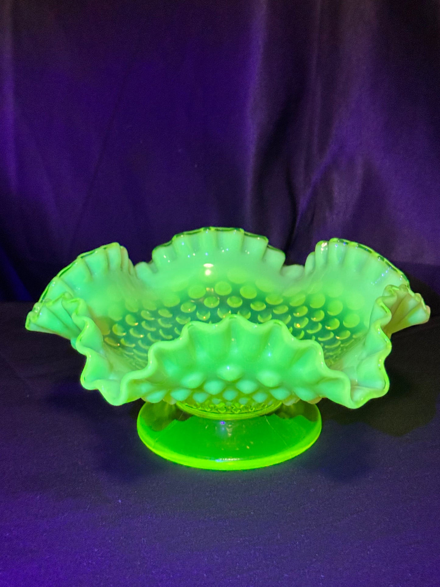 Uranium- Fenton- hobnail- 8” Ruffled bowl - Topaz Opalescent