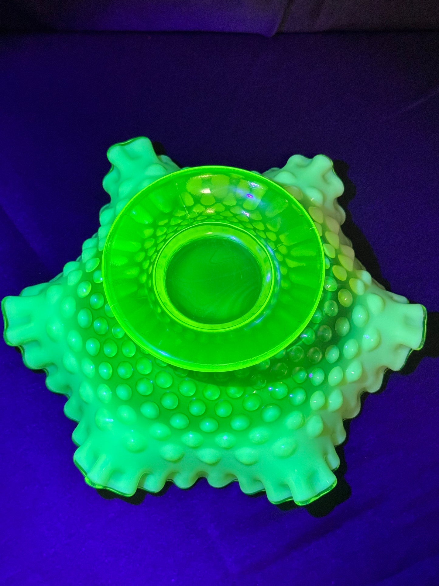Uranium- Fenton- hobnail- 8” Ruffled bowl - Topaz Opalescent