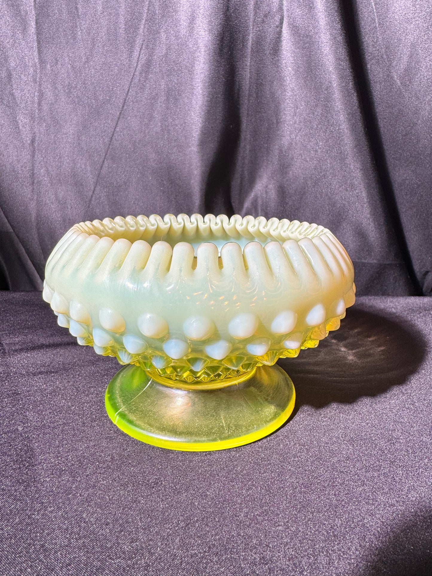 Uranium- Fenton- hobnail- crimped candlestick holder - Topaz Opalescent