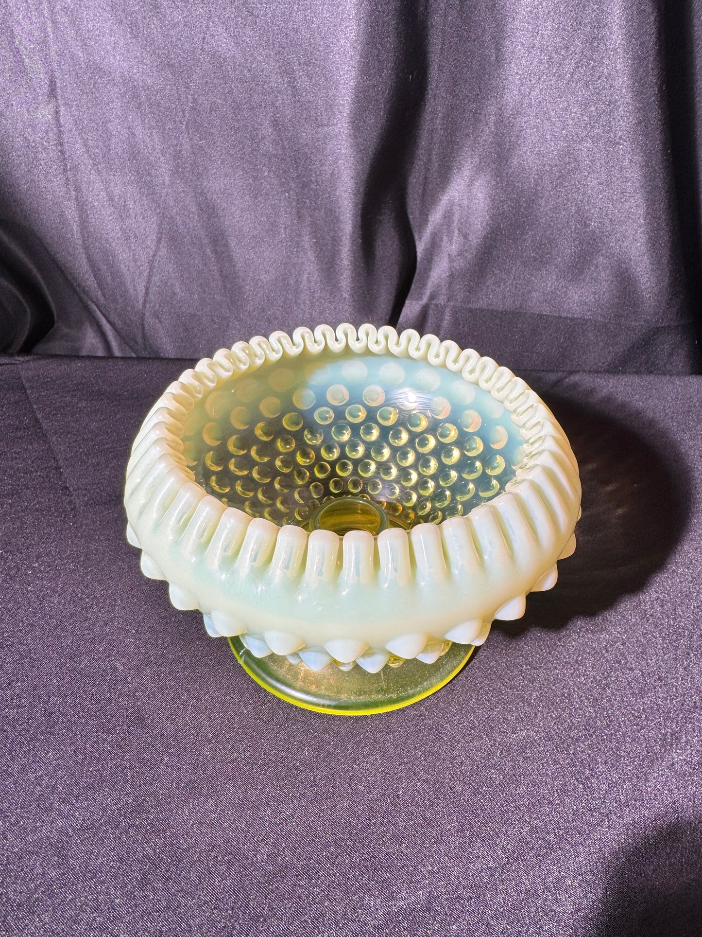 Uranium- Fenton- hobnail- crimped candlestick holder - Topaz Opalescent
