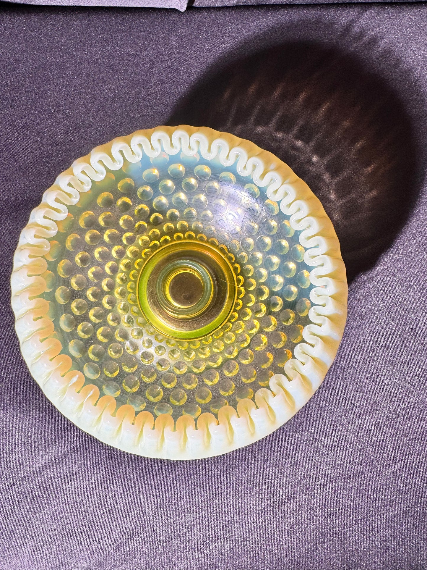 Uranium- Fenton- hobnail- crimped candlestick holder - Topaz Opalescent