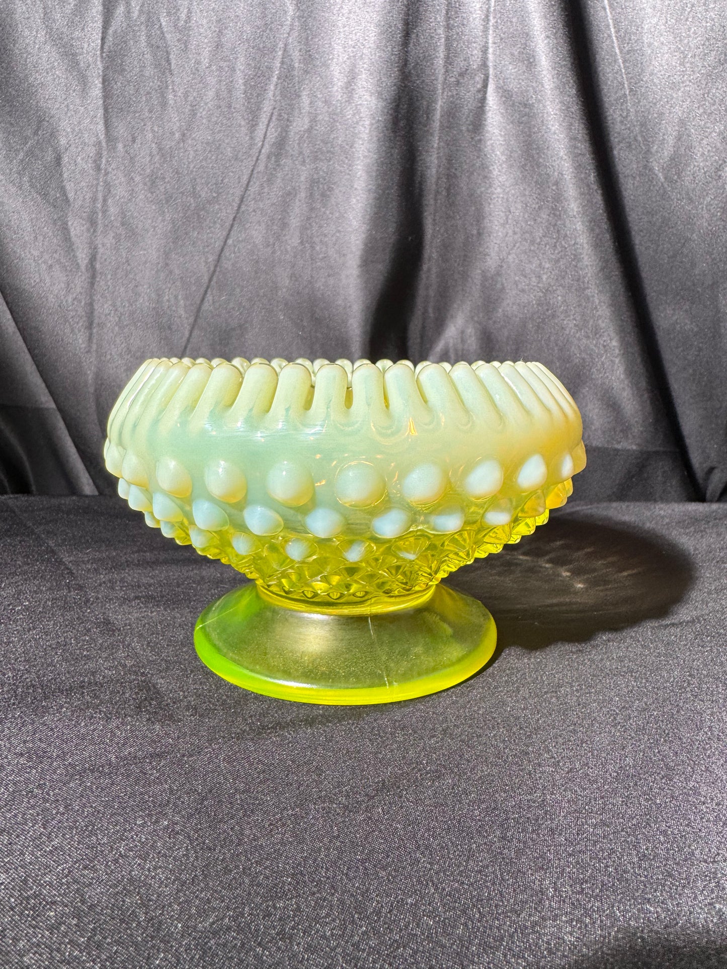 Uranium- Fenton- hobnail- crimped candlestick holder - Topaz Opalescent