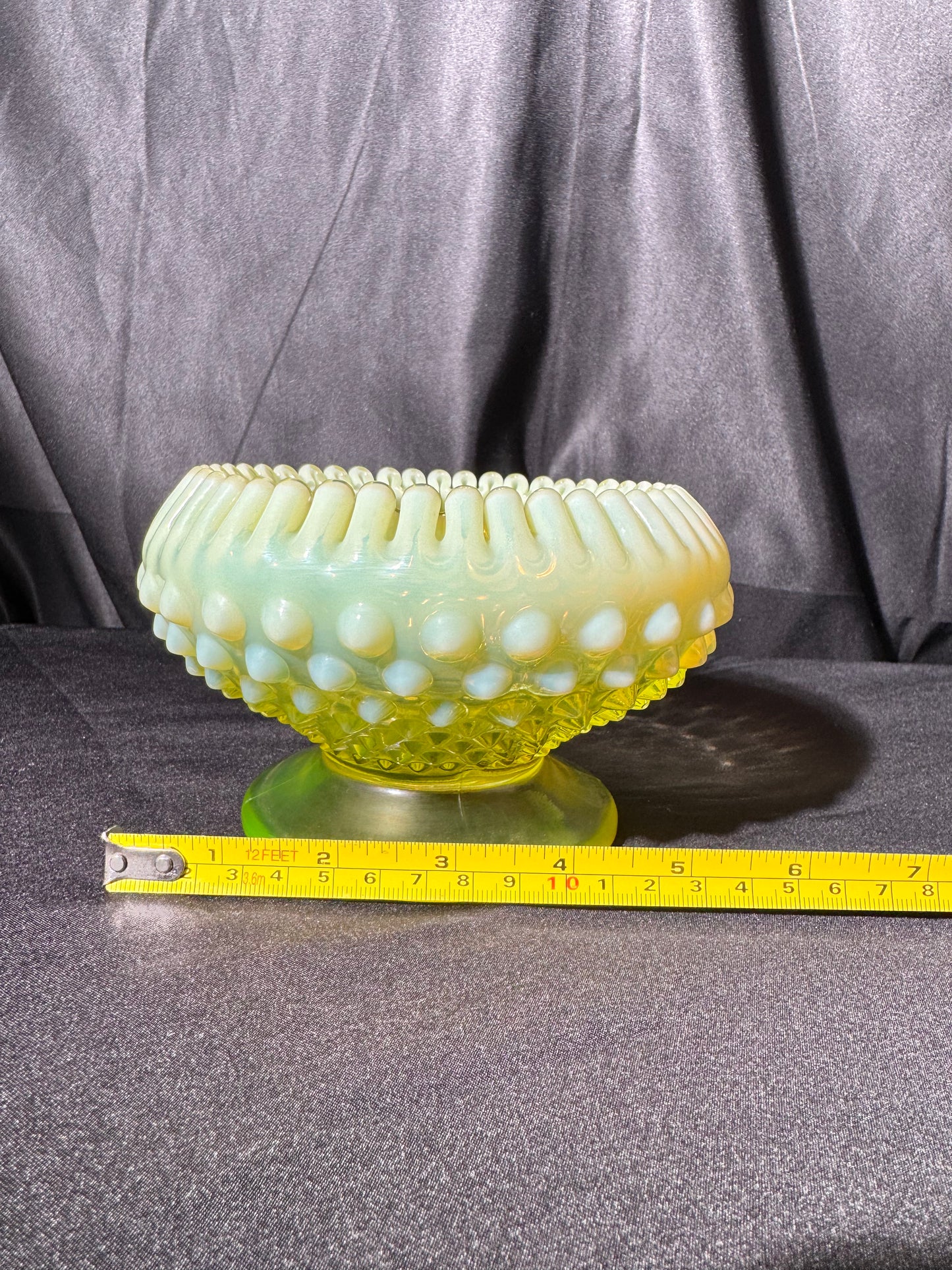 Uranium- Fenton- hobnail- crimped candlestick holder - Topaz Opalescent