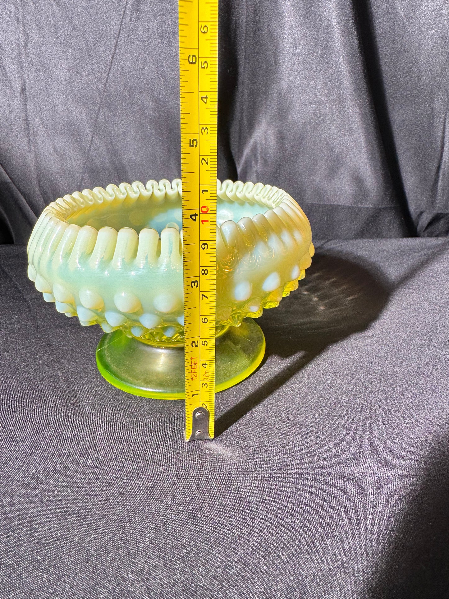 Uranium- Fenton- hobnail- crimped candlestick holder - Topaz Opalescent