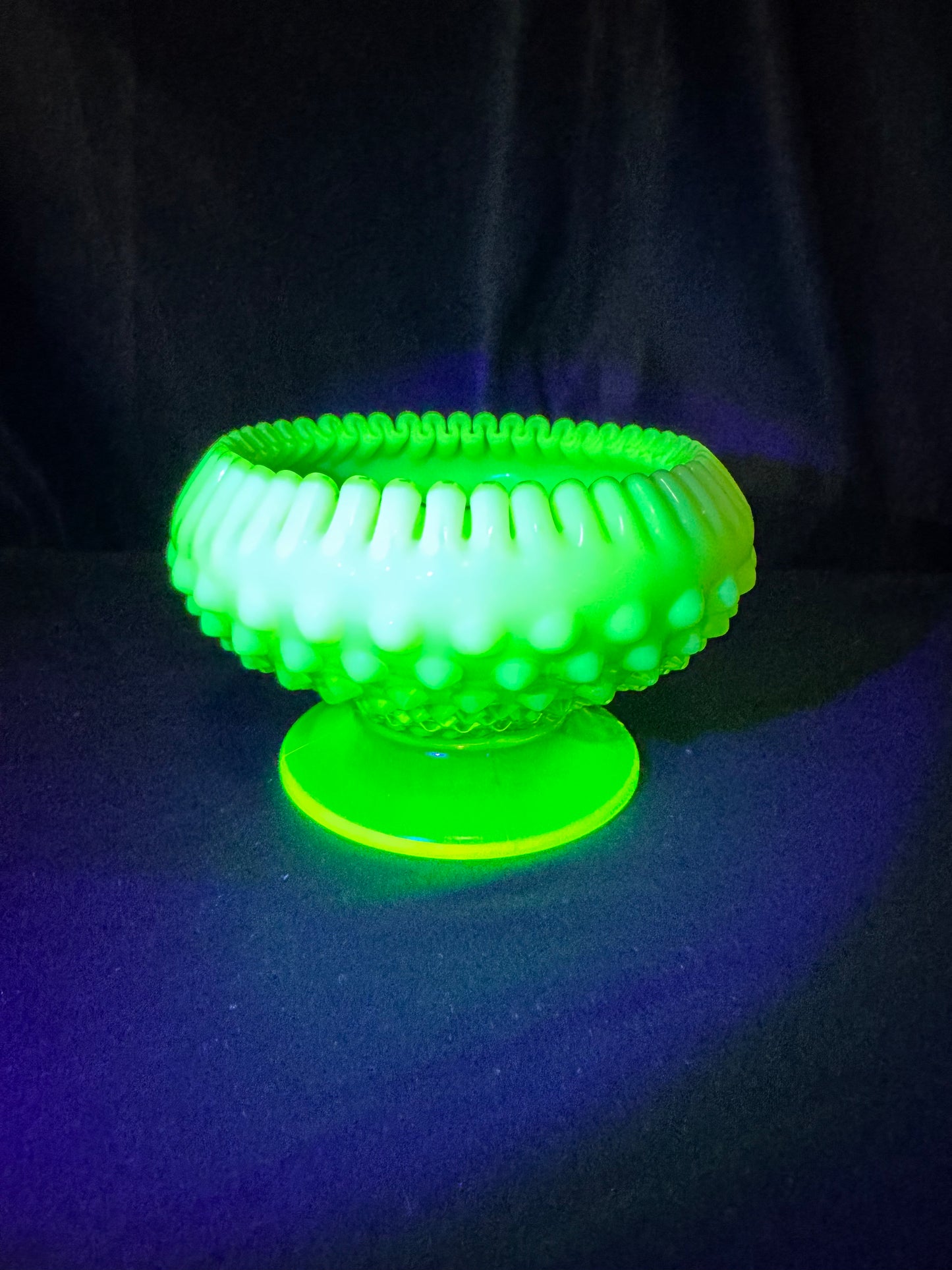 Uranium- Fenton- hobnail- crimped candlestick holder - Topaz Opalescent