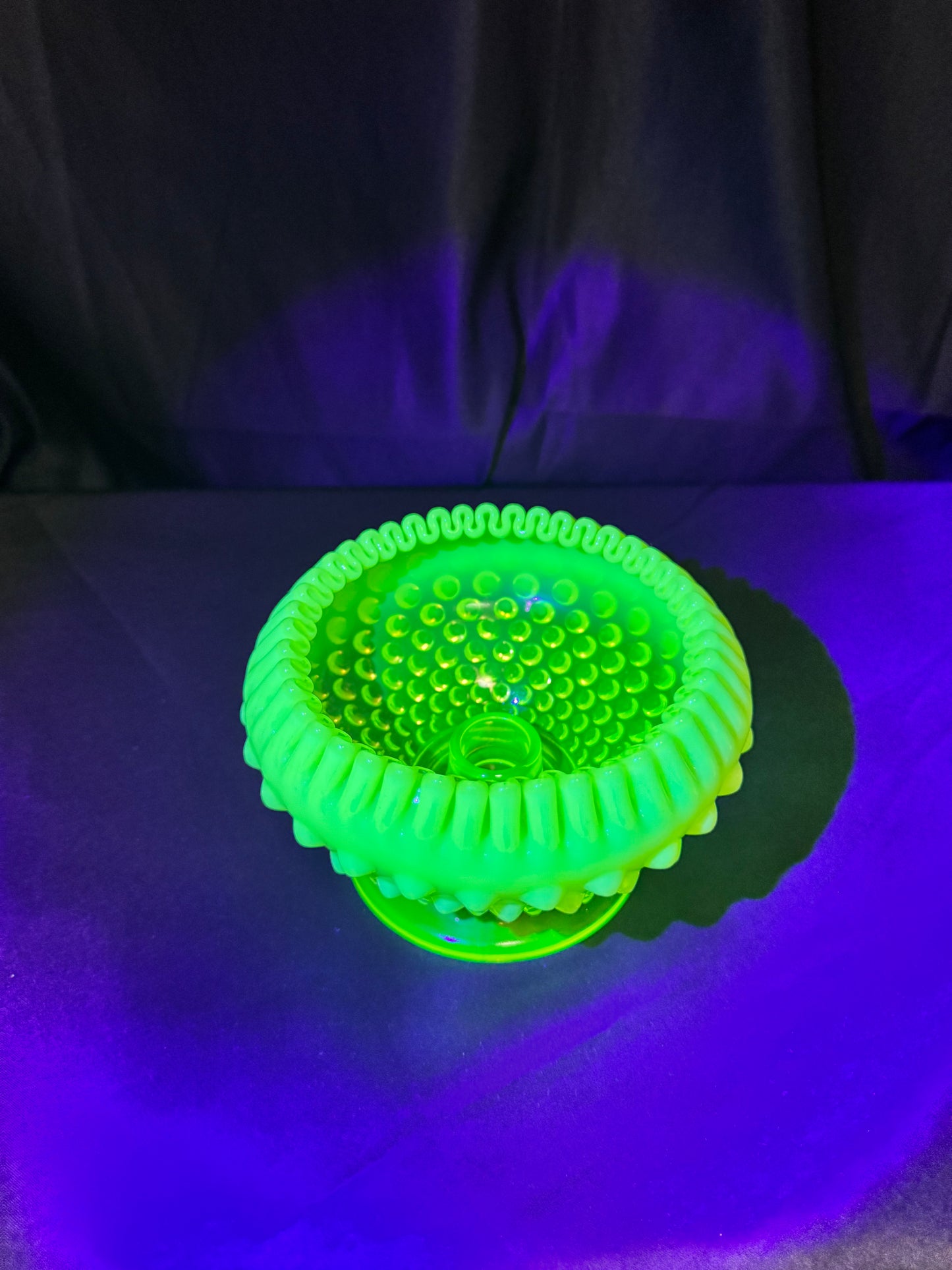 Uranium- Fenton- hobnail- crimped candlestick holder - Topaz Opalescent