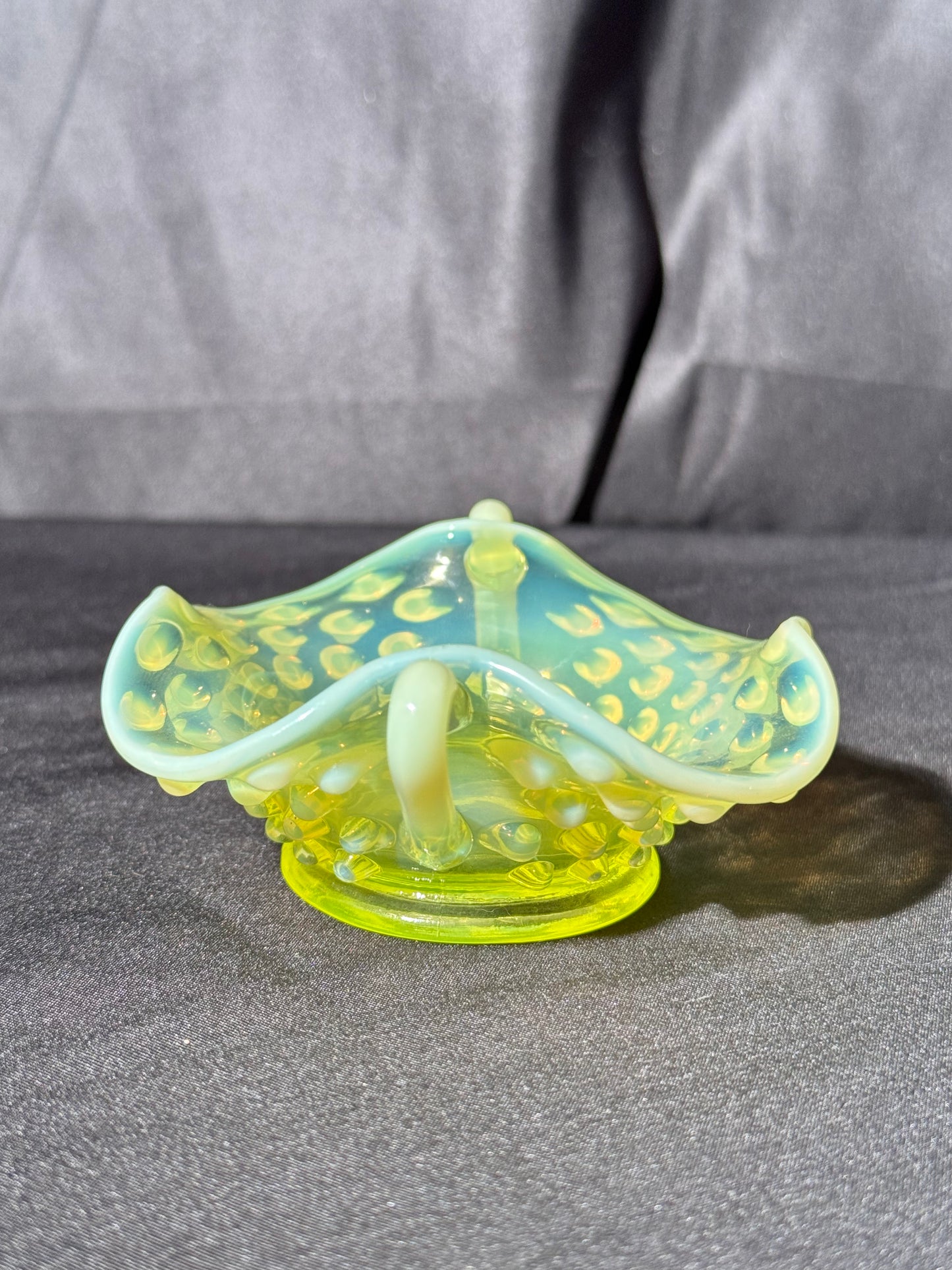 Uranium- Fenton- Hobnail- mini Bon Bon dish - Topaz Opalescent