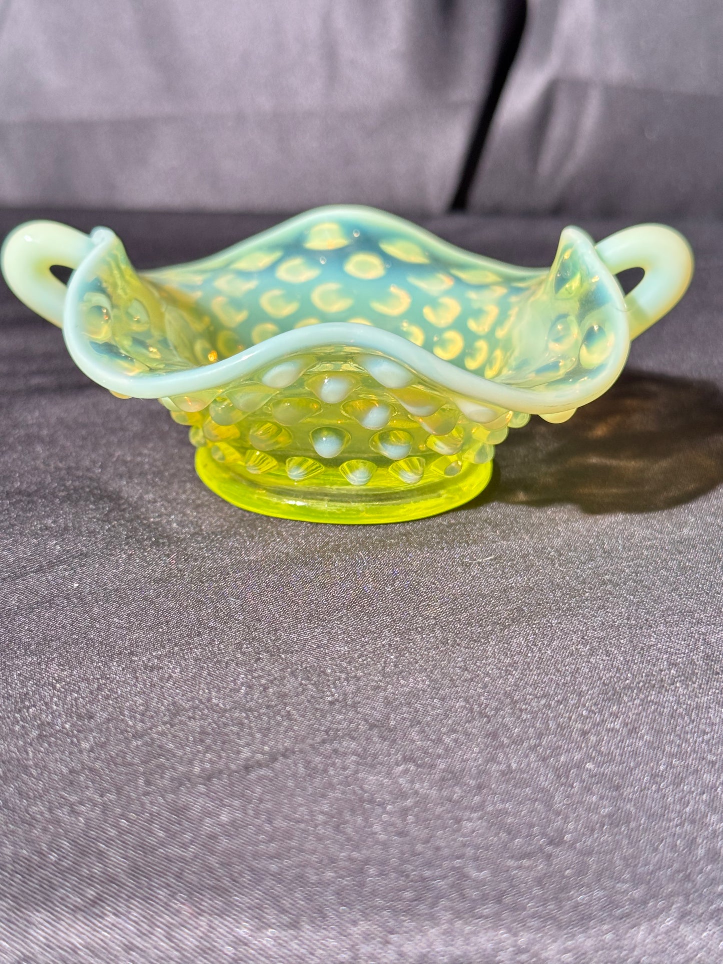 Uranium- Fenton- Hobnail- mini Bon Bon dish - Topaz Opalescent