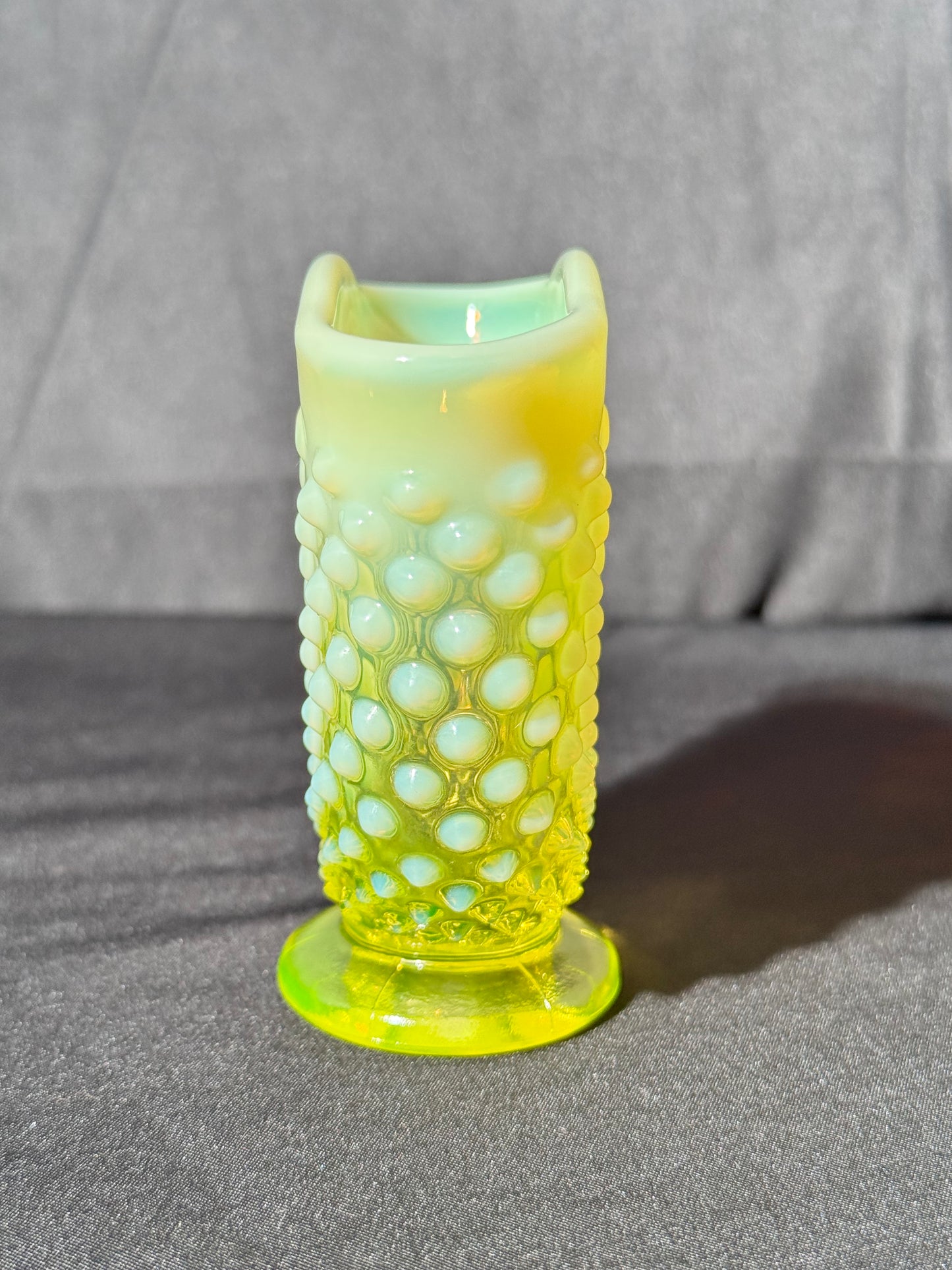 Uranium- Fenton- Hobnail- small Fan Flower Vase - topaz opalescent