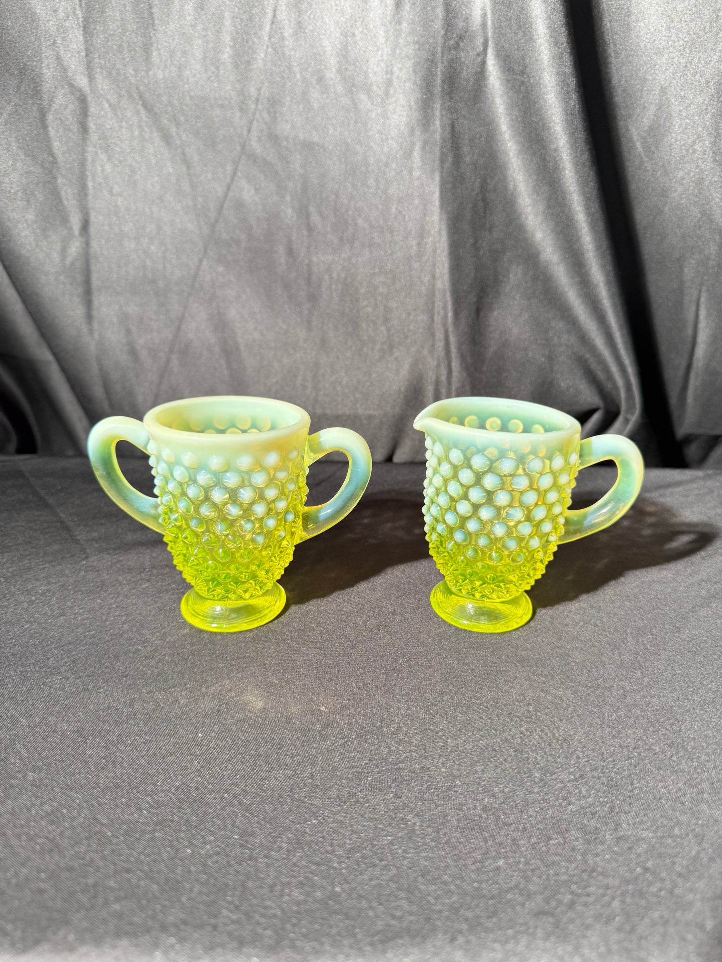 Uranium- Fenton- Hobnail- 3.5” tall creamer and sugar set - topaz opalescent