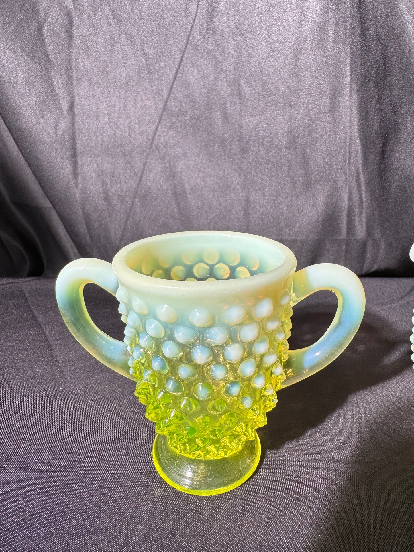 Uranium- Fenton- Hobnail- 3.5” tall creamer and sugar set - topaz opalescent