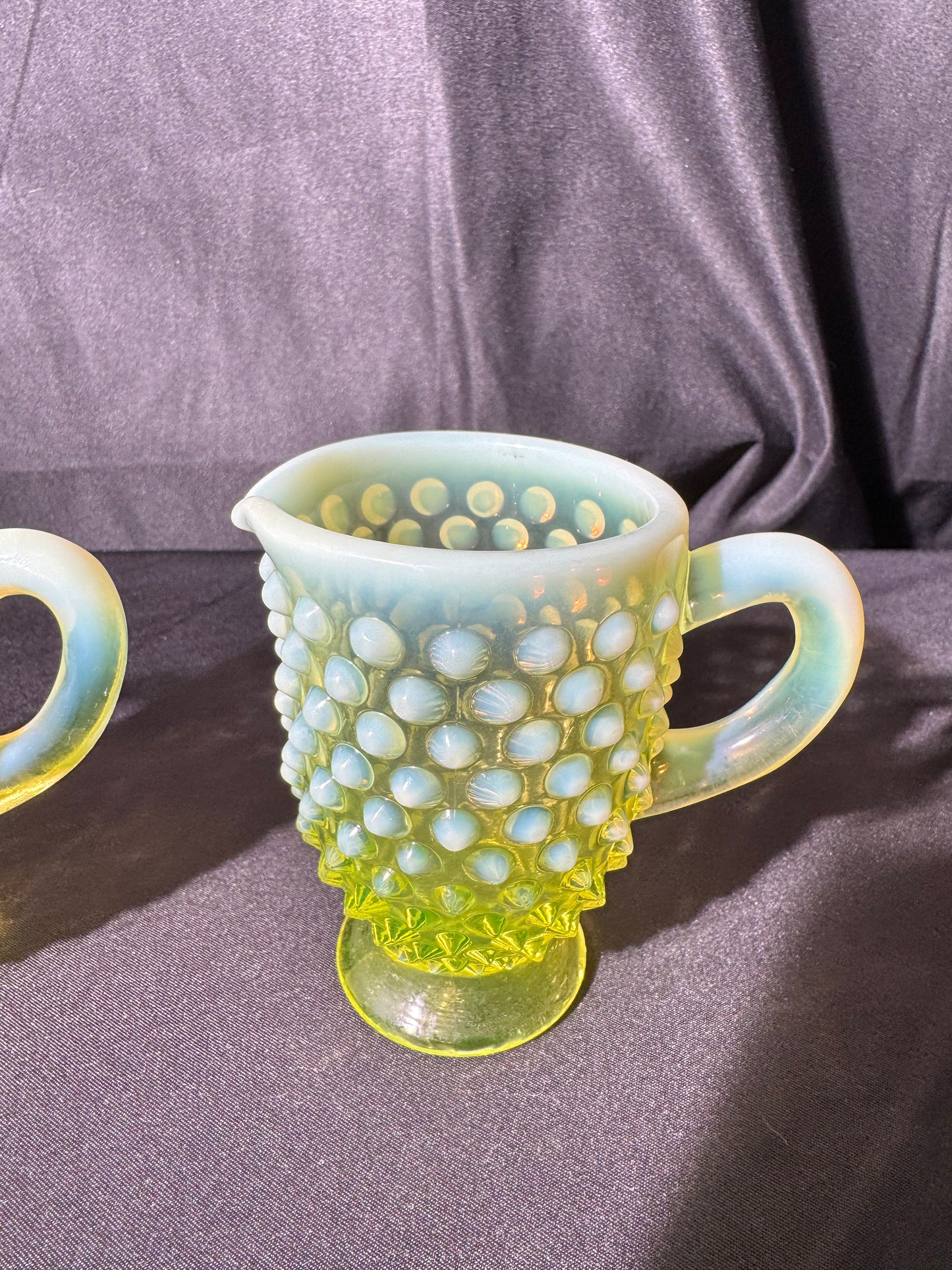 Uranium- Fenton- Hobnail- 3.5” tall creamer and sugar set - topaz opalescent