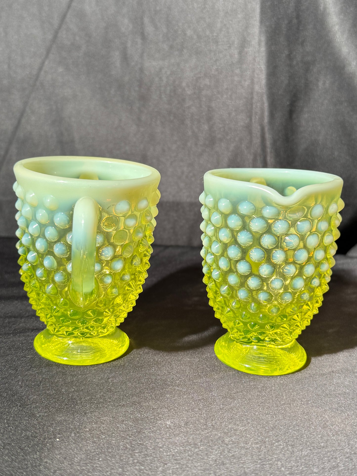 Uranium- Fenton- Hobnail- 3.5” tall creamer and sugar set - topaz opalescent