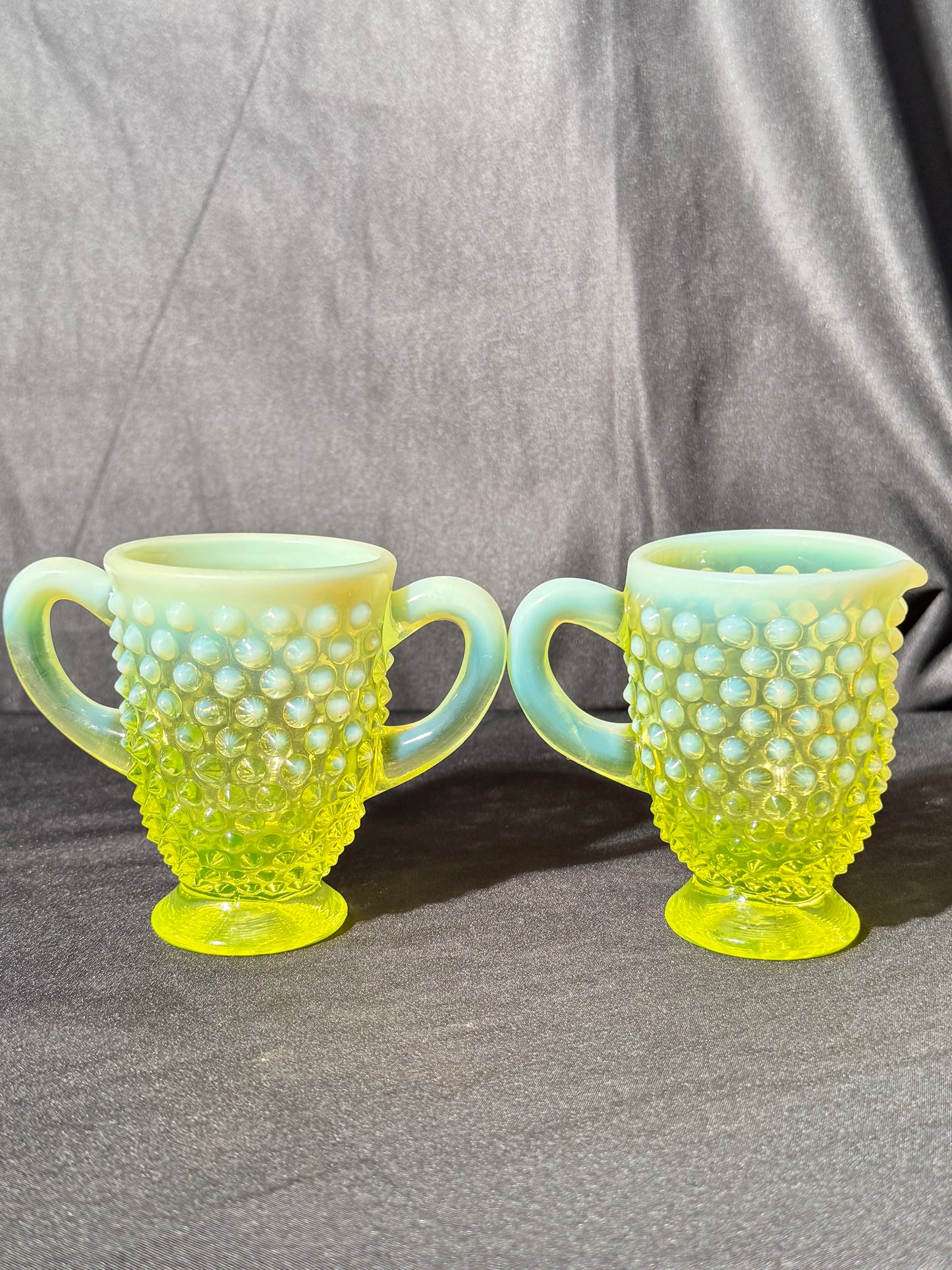 Uranium- Fenton- Hobnail- 3.5” tall creamer and sugar set - topaz opalescent