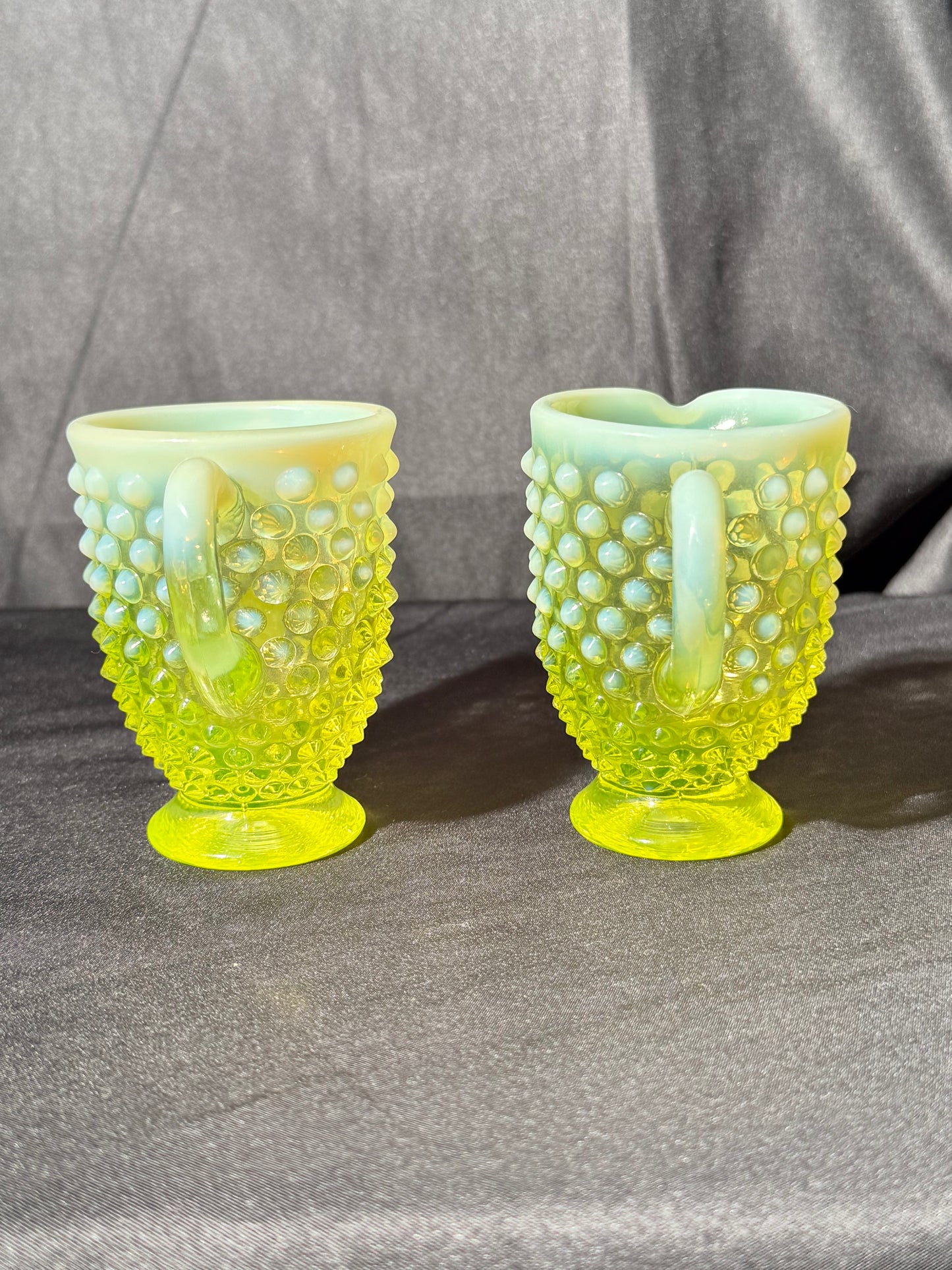 Uranium- Fenton- Hobnail- 3.5” tall creamer and sugar set - topaz opalescent