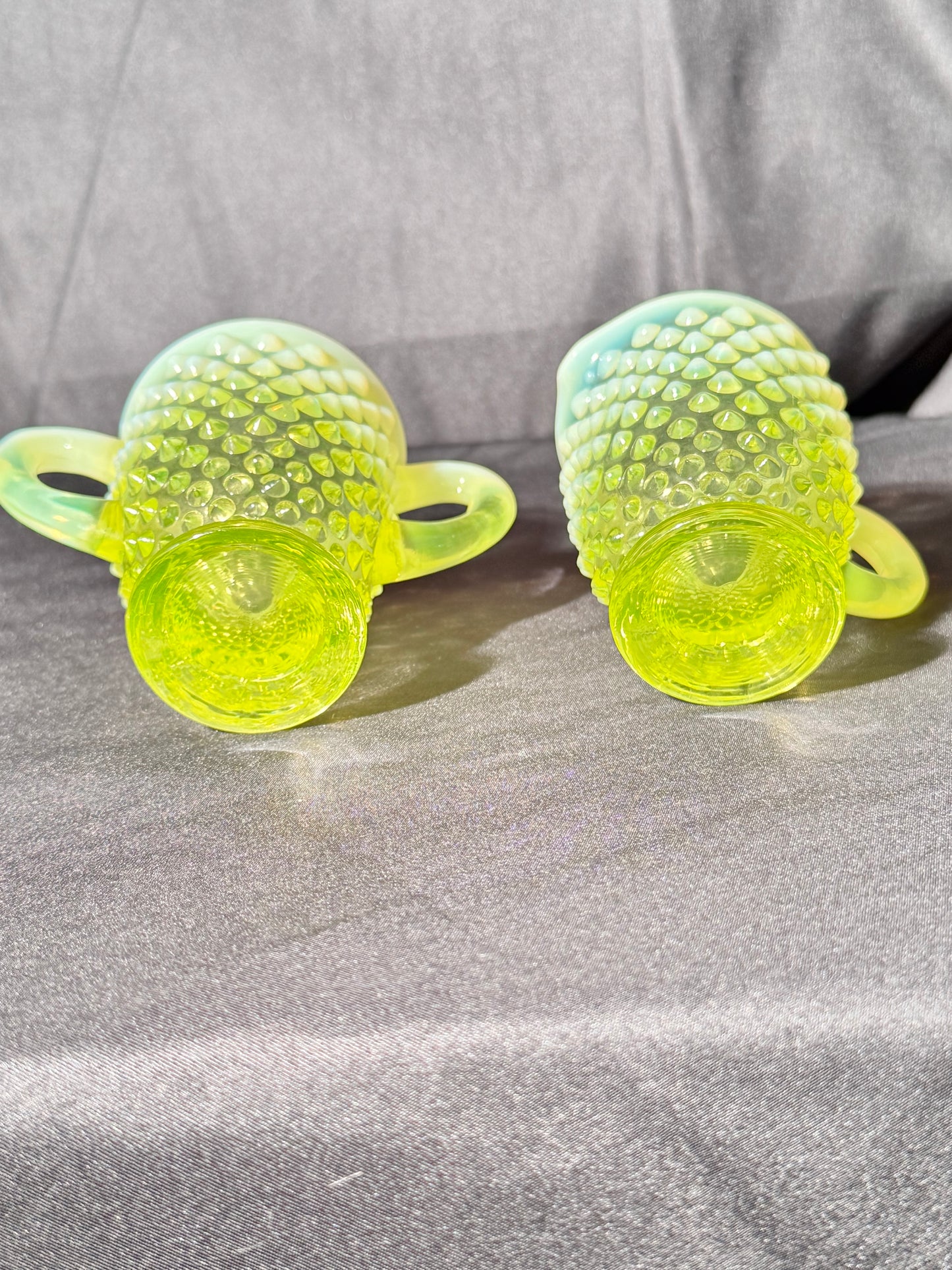 Uranium- Fenton- Hobnail- 3.5” tall creamer and sugar set - topaz opalescent