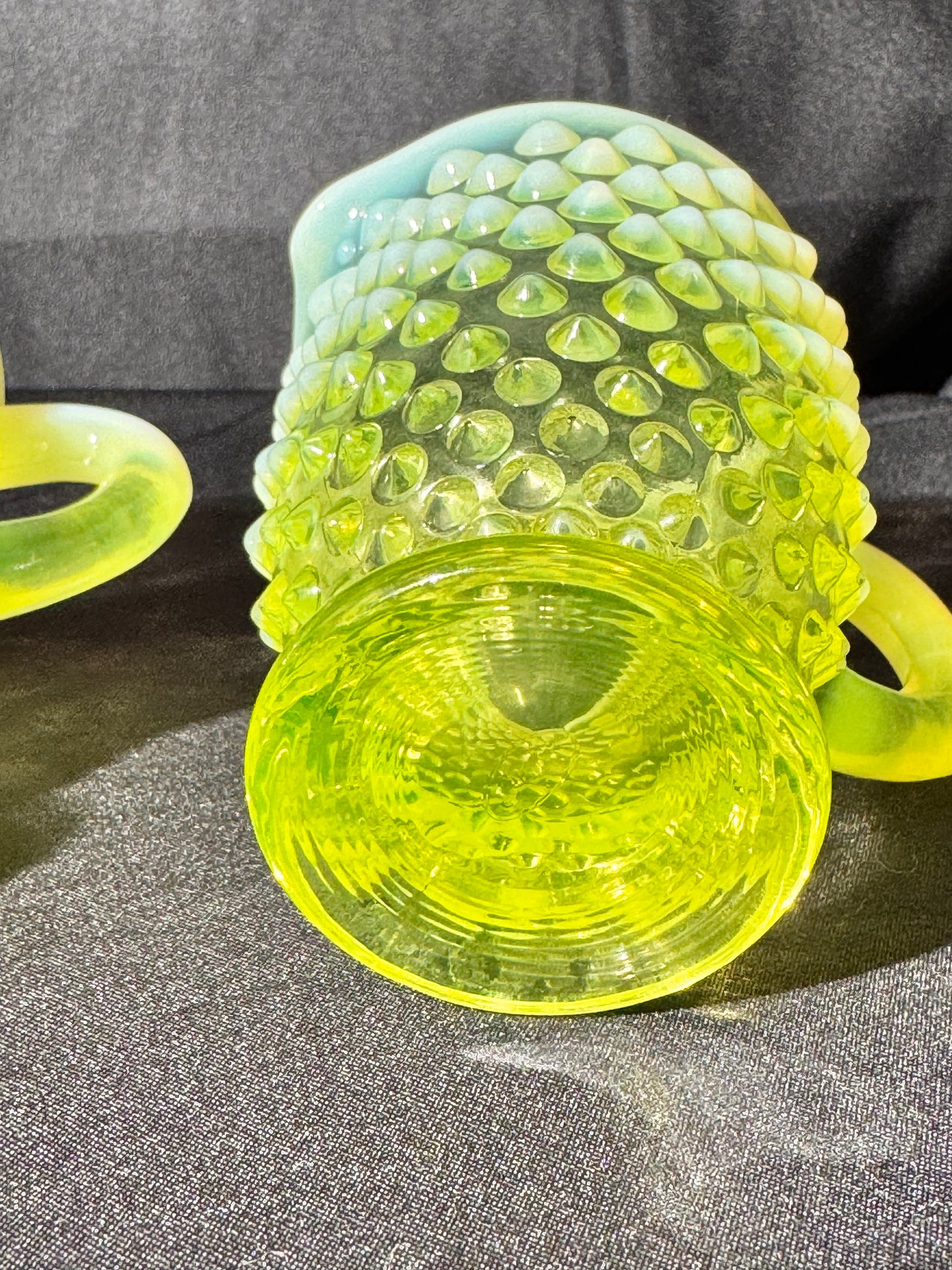 Uranium- Fenton- Hobnail- 3.5” tall creamer and sugar set - topaz opalescent