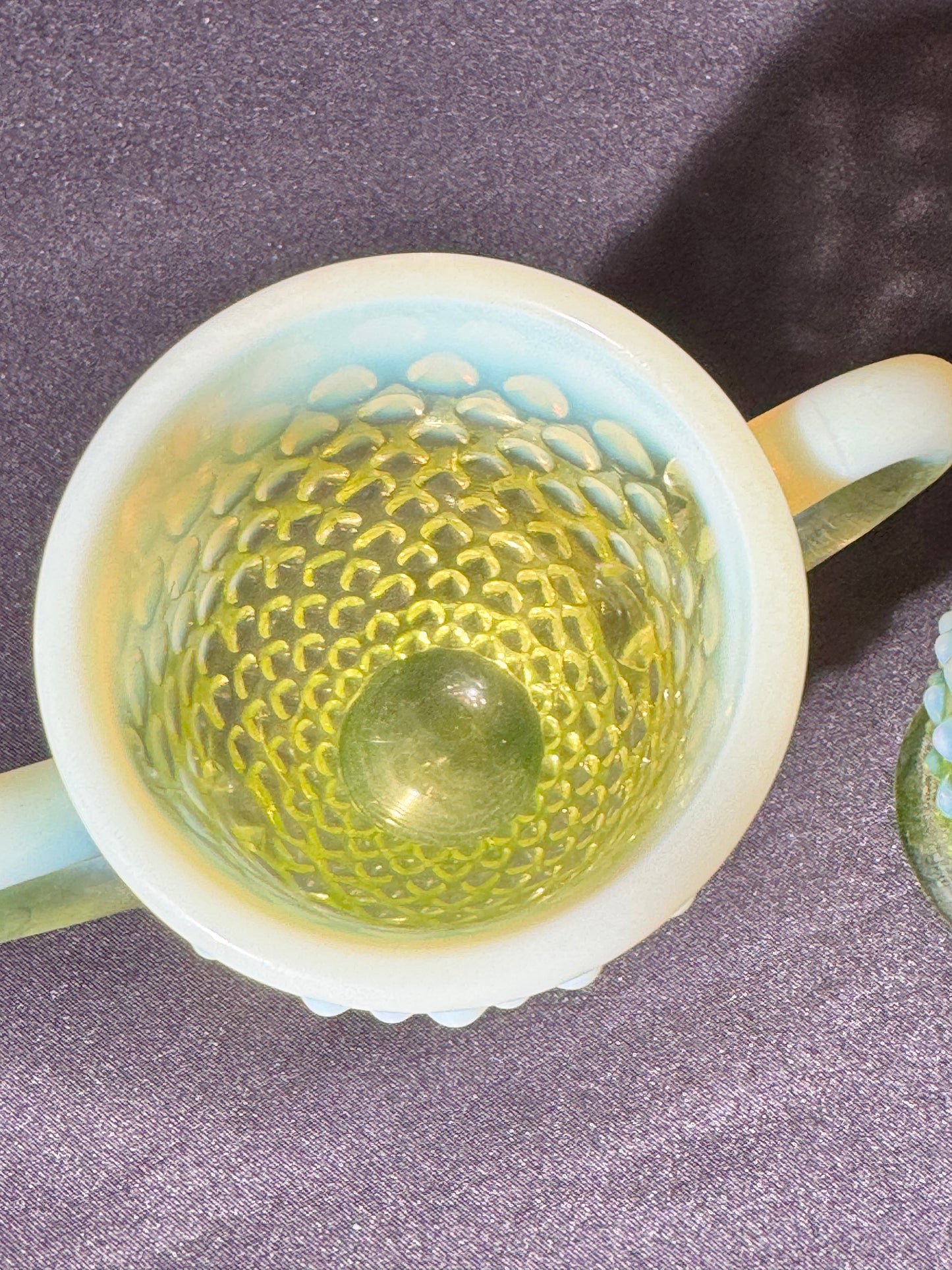 Uranium- Fenton- Hobnail- 3.5” tall creamer and sugar set - topaz opalescent