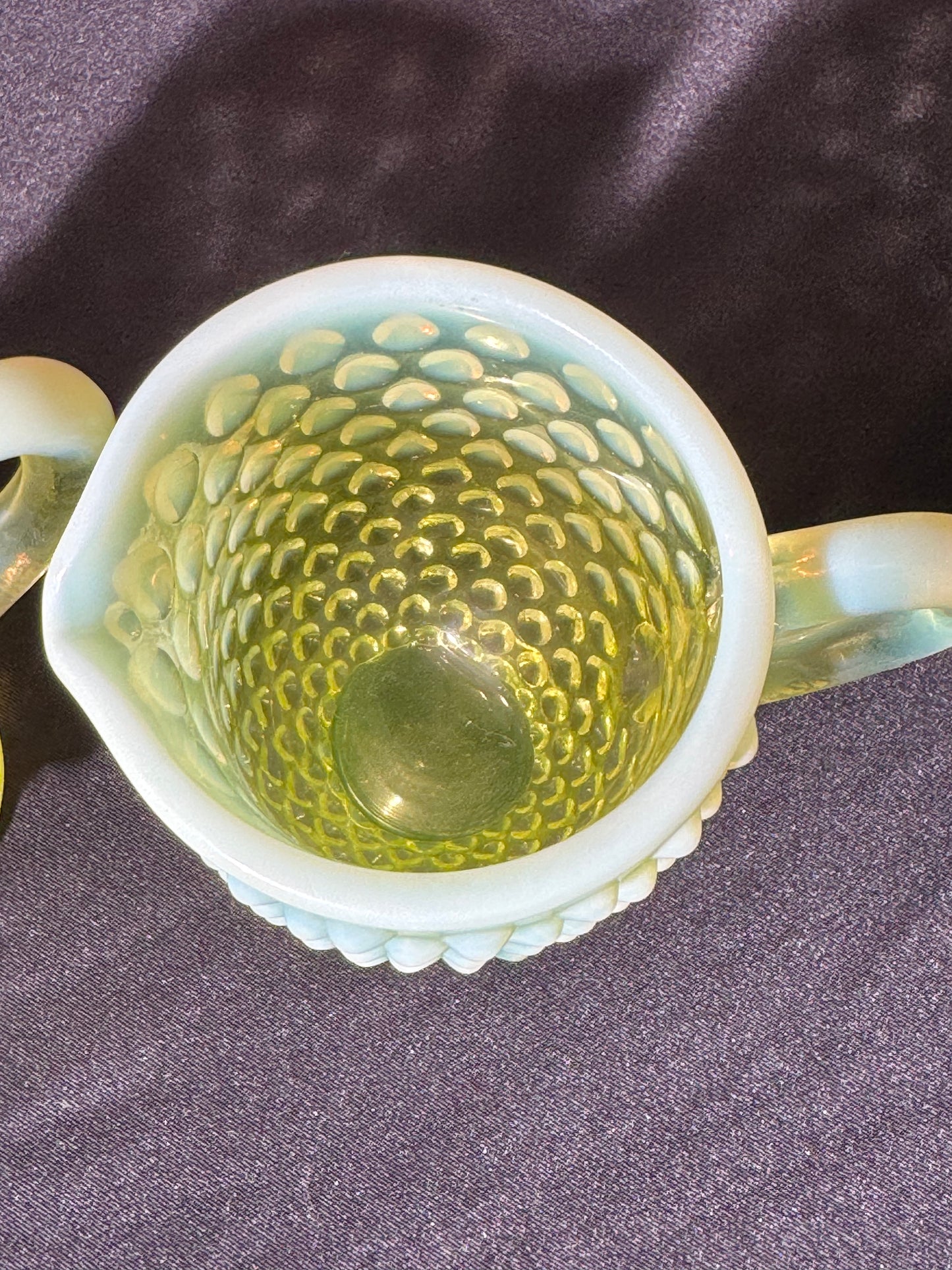 Uranium- Fenton- Hobnail- 3.5” tall creamer and sugar set - topaz opalescent