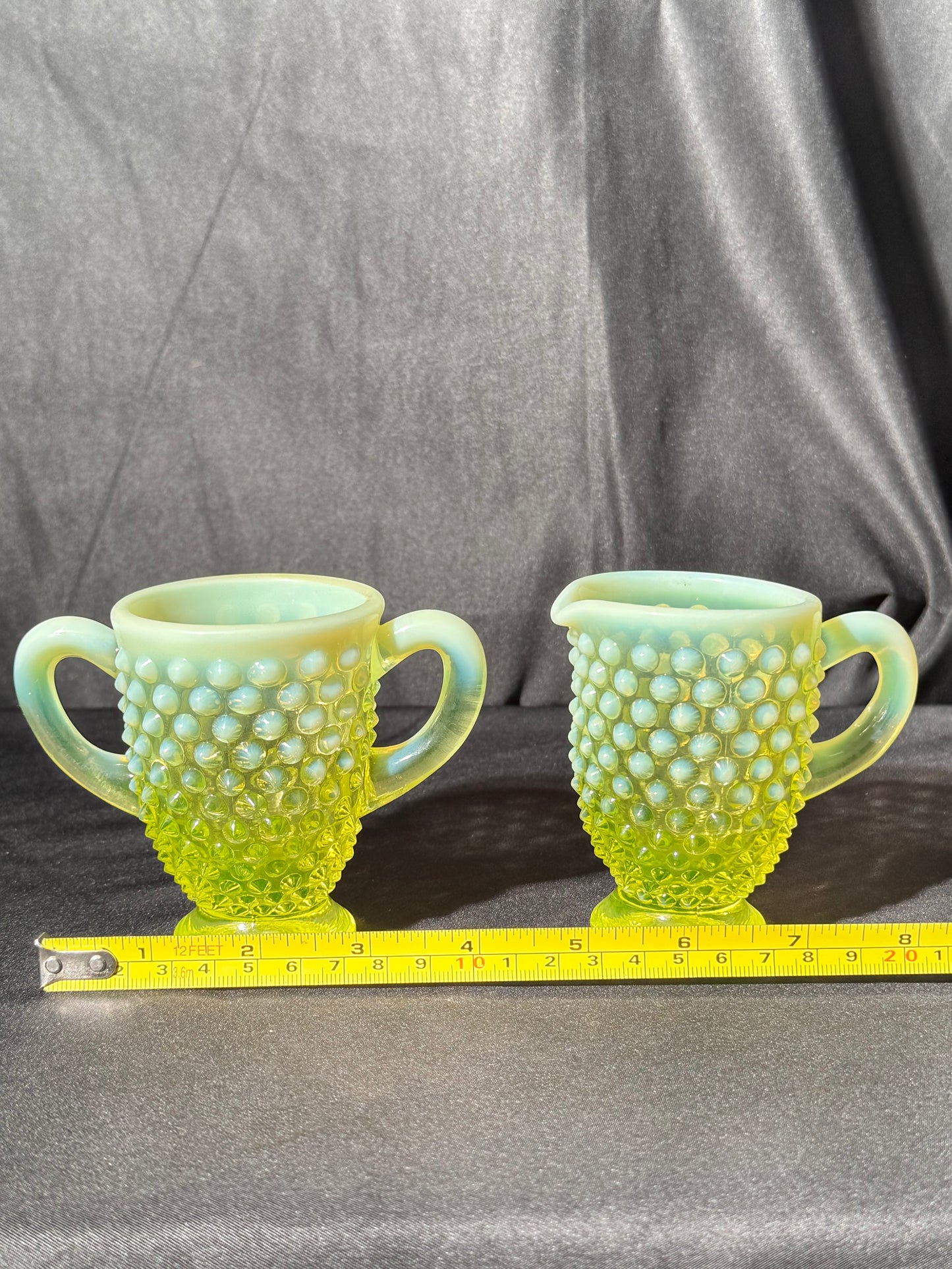 Uranium- Fenton- Hobnail- 3.5” tall creamer and sugar set - topaz opalescent